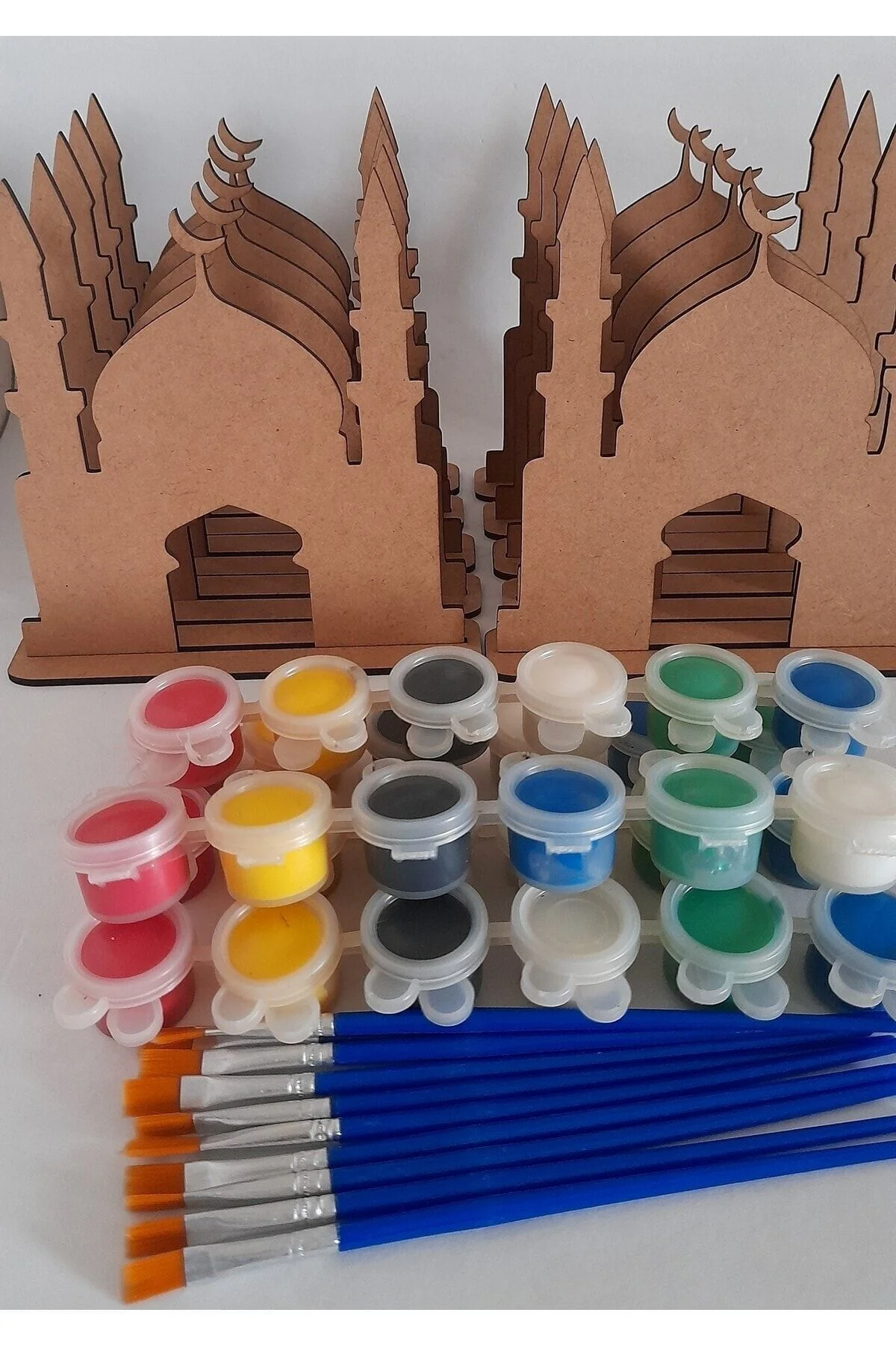 10 Cami Maket Ahşap Boyama Dini Aktivite Okul Kurs Etkinlik 5 Boya 10 Fırça Hobi Seti