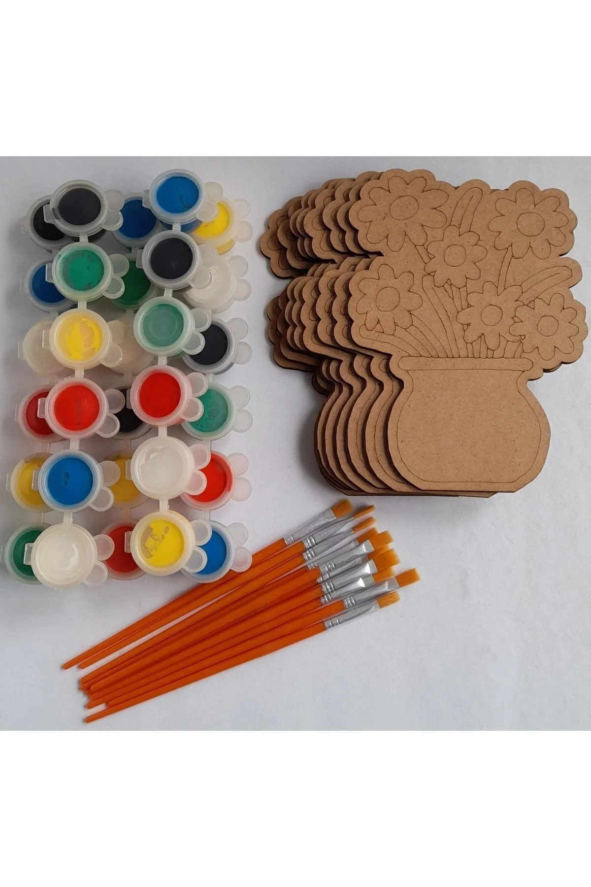 10 Vazolu Çiçek 5 Boya 10 Fırça Ahşap Boyama Okul Kurs Aktivite Etkinlik Sanat Hobi Set