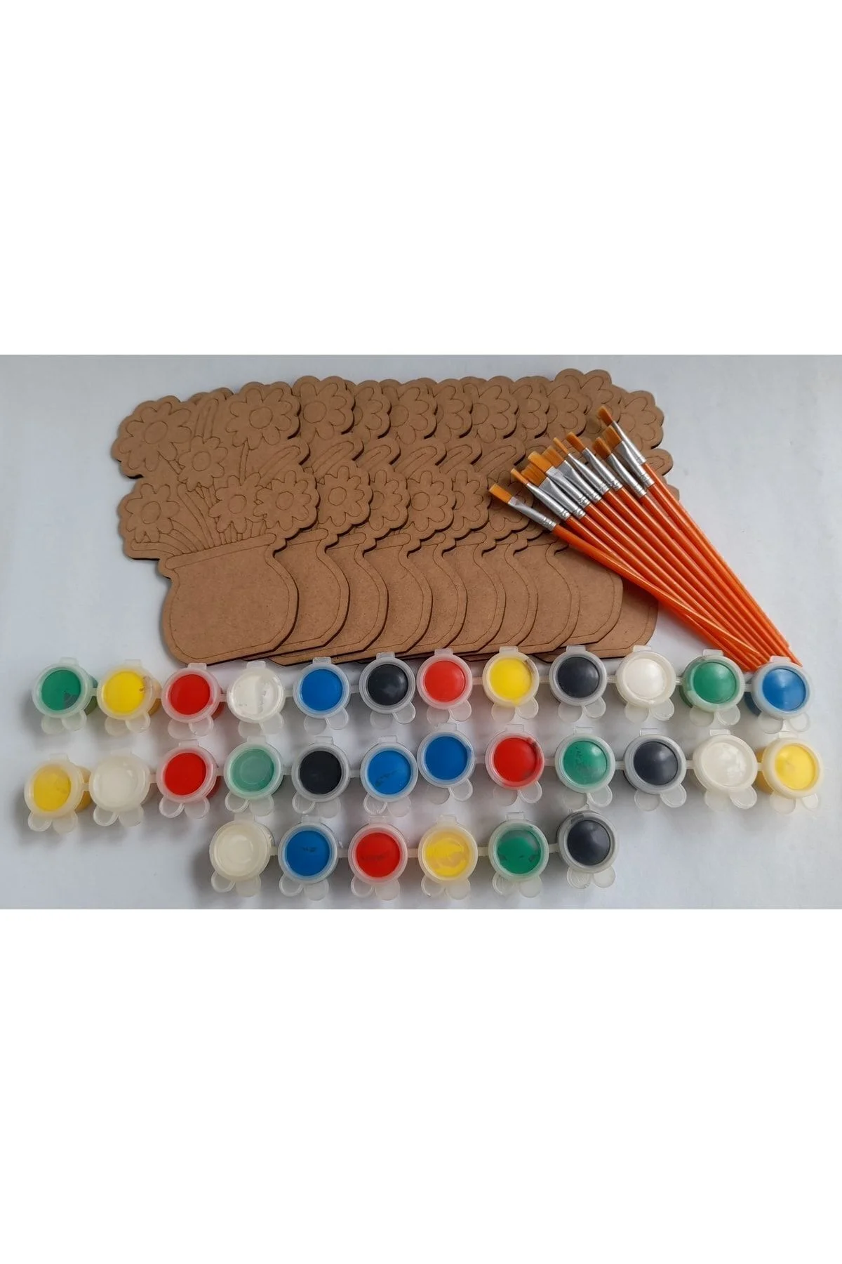 10 Vazolu Çiçek 5 Boya 10 Fırça Ahşap Boyama Okul Kurs Aktivite Etkinlik Sanat Hobi Set - Ebrulisler Görsel 2