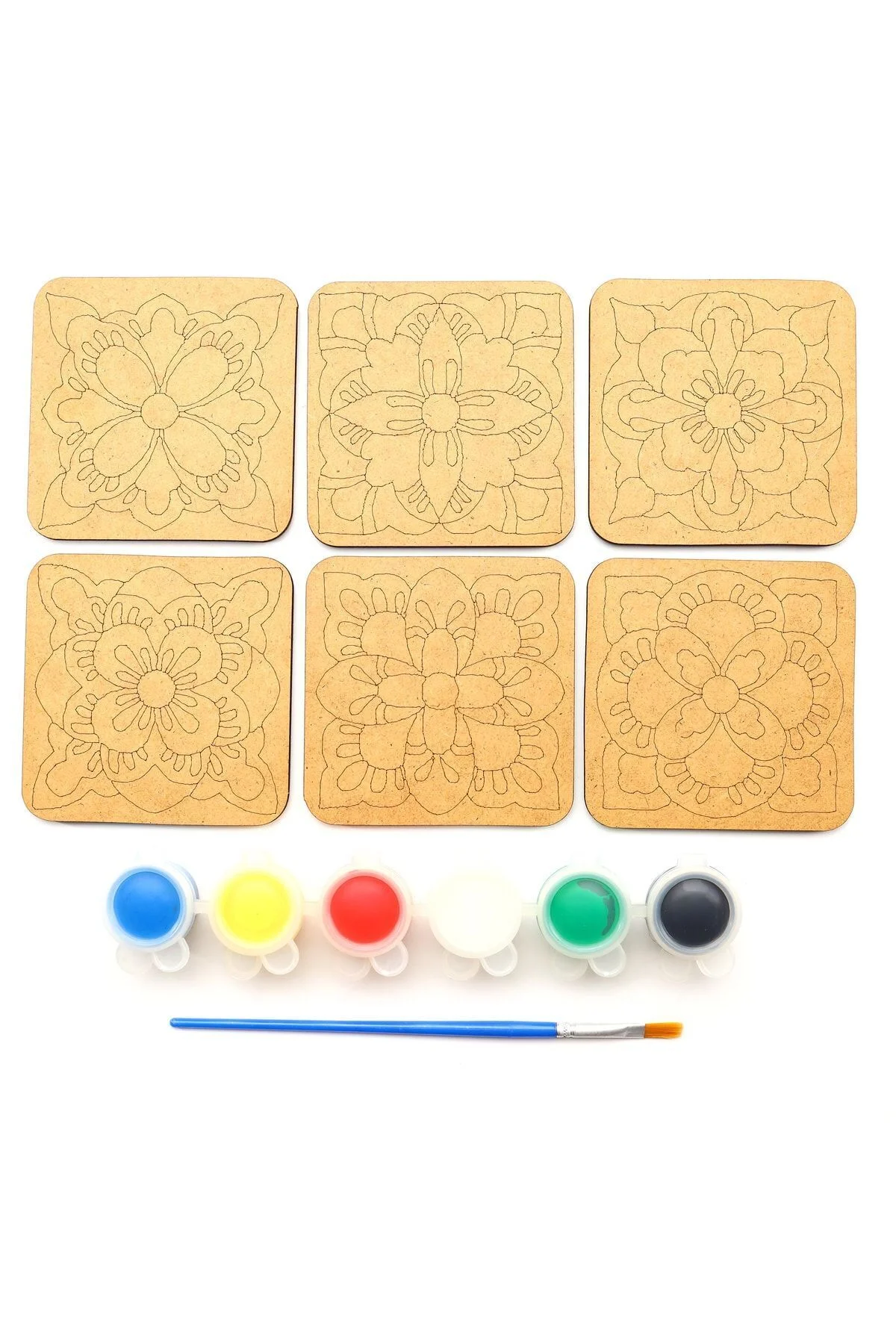 Ahşap Boyama Mandala Temalı 6'lı Kare Bardak Altlığı Hobi Seti