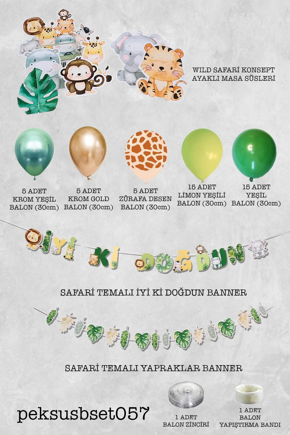 Safari Doğum Günü Parti Paketi Yeşil Gold Balon Zinciri Safari Ayaklı Pano ve Banner Set - PEKSHOP Görsel 2
