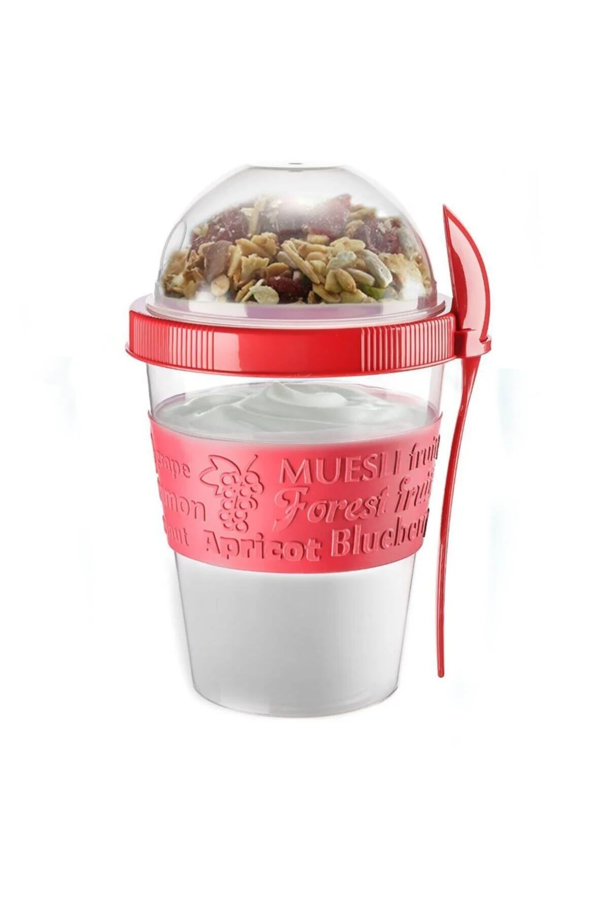 Meyve Hazneli Kaşıklı Portatif Yoğurt Kabı Kırmızı - 600 Ml