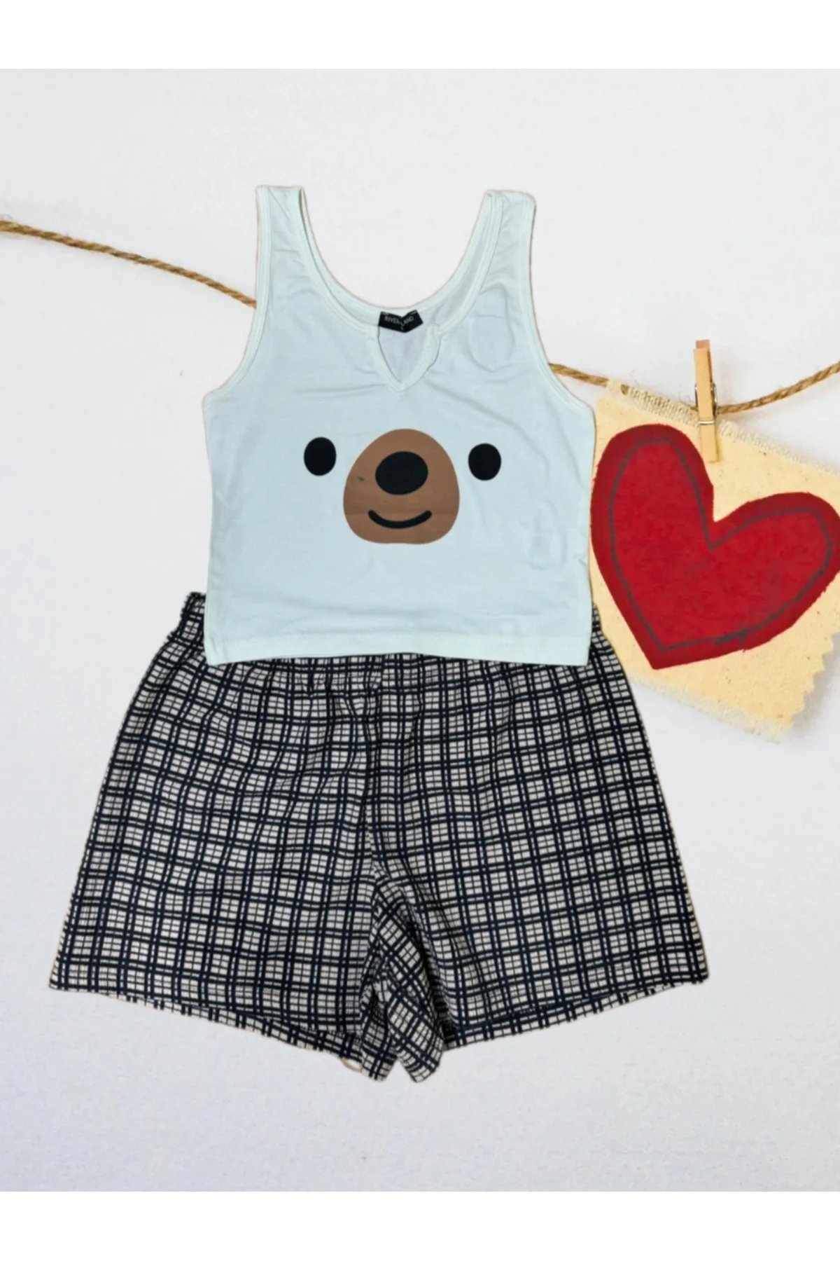 Pembecin Şortlu Pijama Takımı Babydol ip Askılı Yazlık Pamuklu Kolsuz Beyaz Ayıcık - PEMBECİN