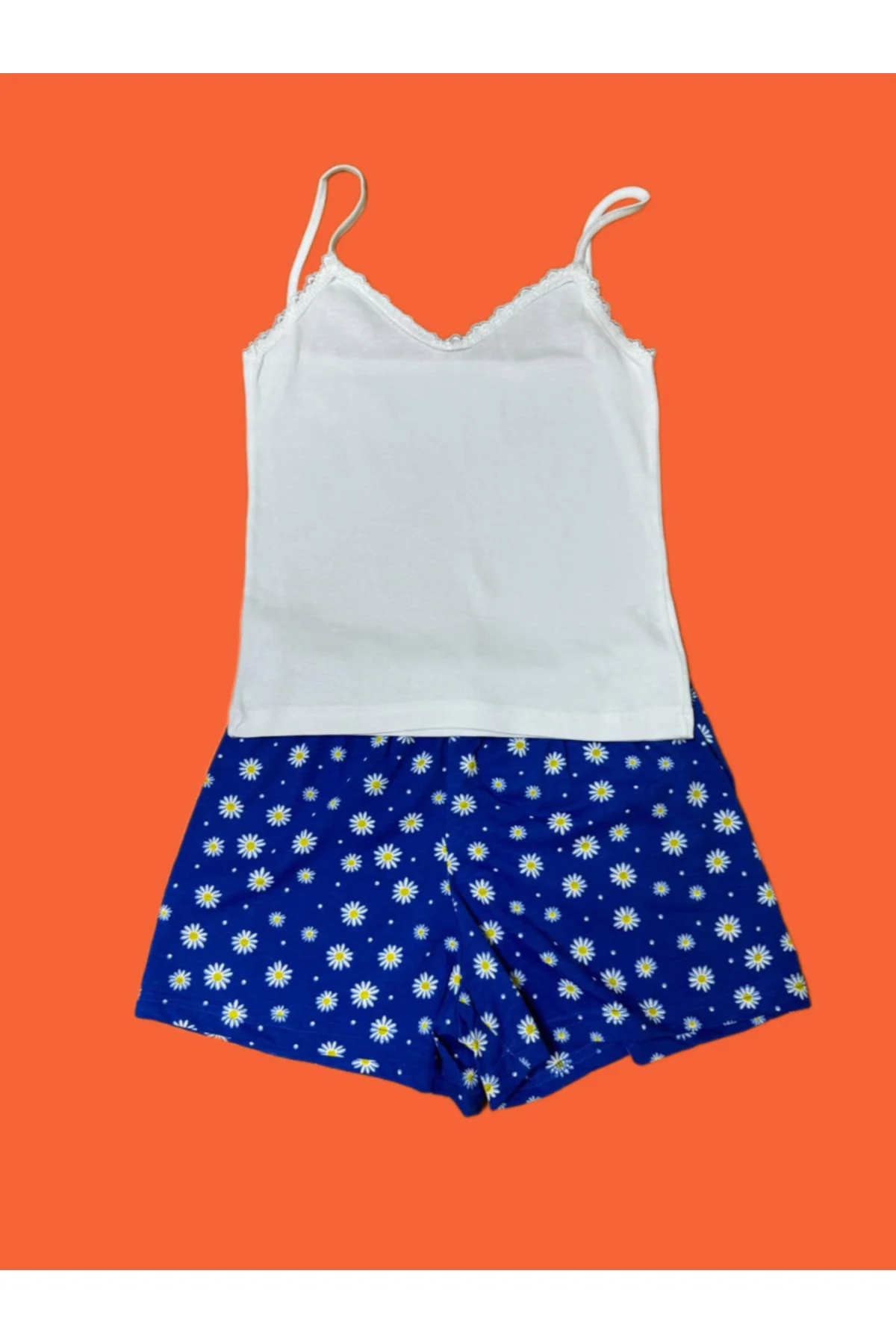 Pembecin Şortlu Pijama Takımı Babydol ip Askılı Yazlık Pamuklu Kolsuz Beyaz Askılı Mavi Çiçekli - PEMBECİN Görsel 4
