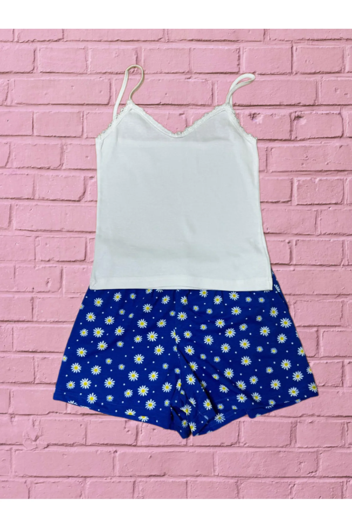 Pembecin Şortlu Pijama Takımı Babydol ip Askılı Yazlık Pamuklu Kolsuz Beyaz Askılı Mavi Çiçekli - PEMBECİN Görsel 8