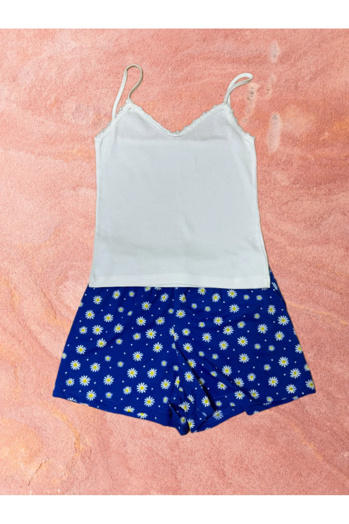 Pembecin Şortlu Pijama Takımı Babydol ip Askılı Yazlık Pamuklu Kolsuz Beyaz Askılı Mavi Çiçekli - PEMBECİN Görsel 7
