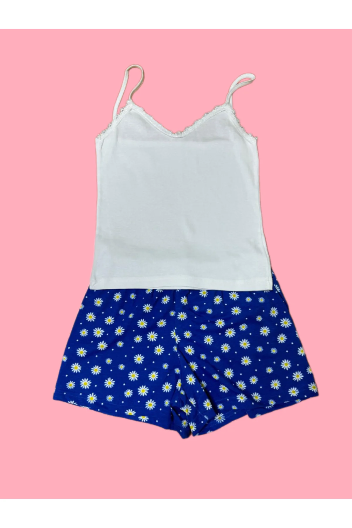 Pembecin Şortlu Pijama Takımı Babydol ip Askılı Yazlık Pamuklu Kolsuz Beyaz Askılı Mavi Çiçekli - PEMBECİN Görsel 5