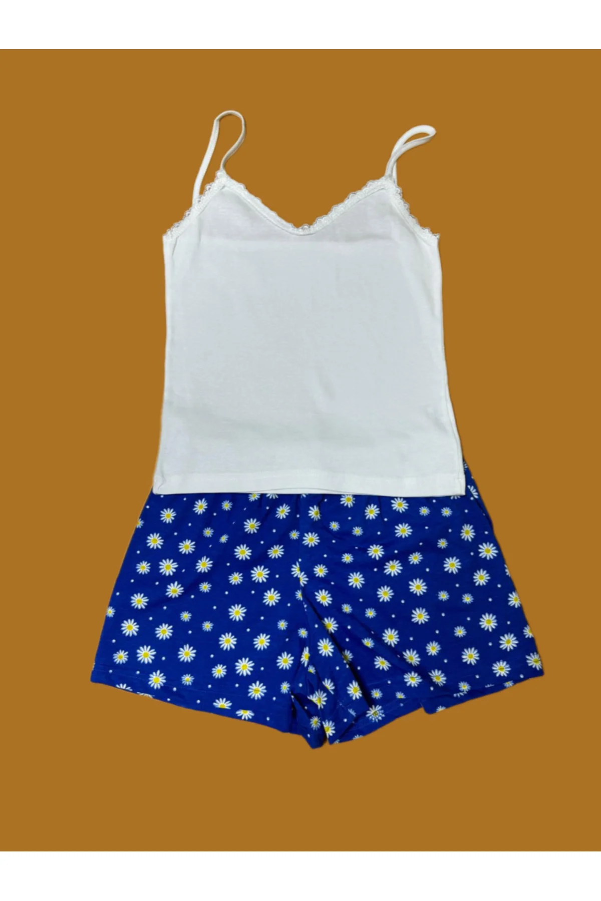 Pembecin Şortlu Pijama Takımı Babydol ip Askılı Yazlık Pamuklu Kolsuz Beyaz Askılı Mavi Çiçekli - PEMBECİN Görsel 2