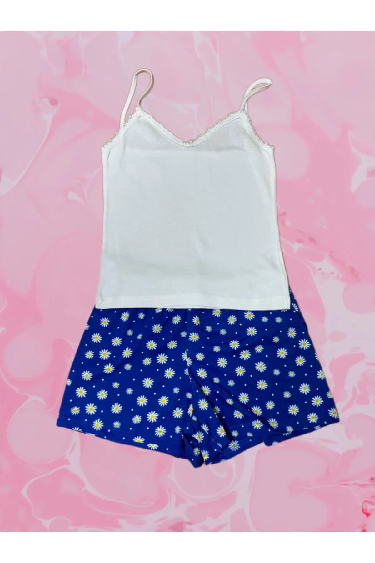 Pembecin Şortlu Pijama Takımı Babydol ip Askılı Yazlık Pamuklu Kolsuz Beyaz Askılı Mavi Çiçekli - PEMBECİN Görsel 6