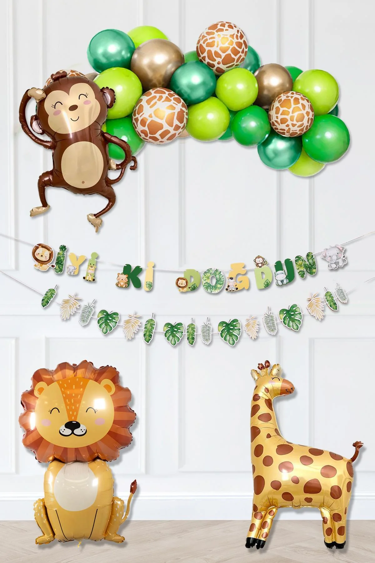 Safari Doğum Günü Folyo Balonlu Parti Paketi Yeşil Gold Safari Balon Zinciri - PEKSHOP