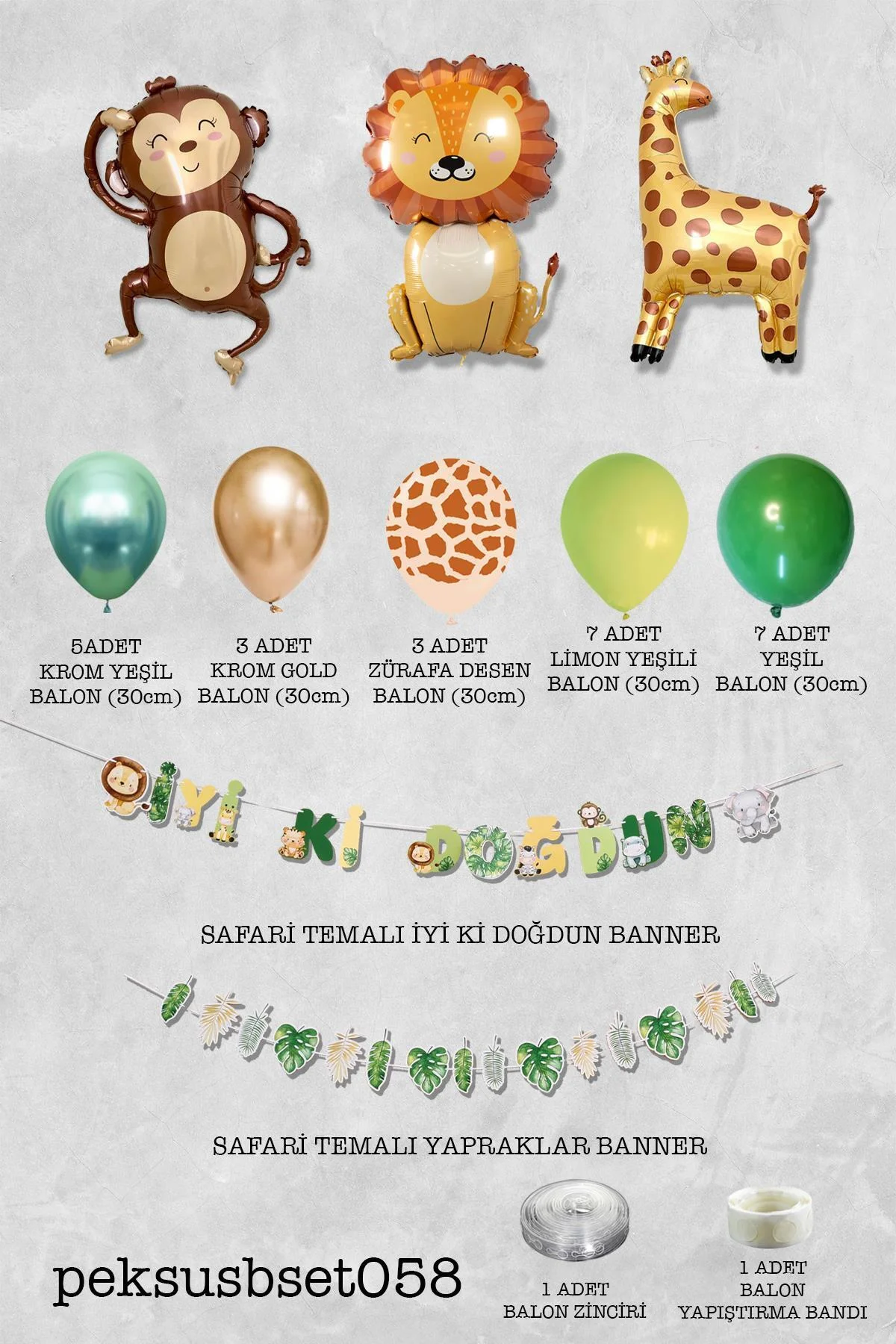 Safari Doğum Günü Folyo Balonlu Parti Paketi Yeşil Gold Safari Balon Zinciri - PEKSHOP Görsel 2
