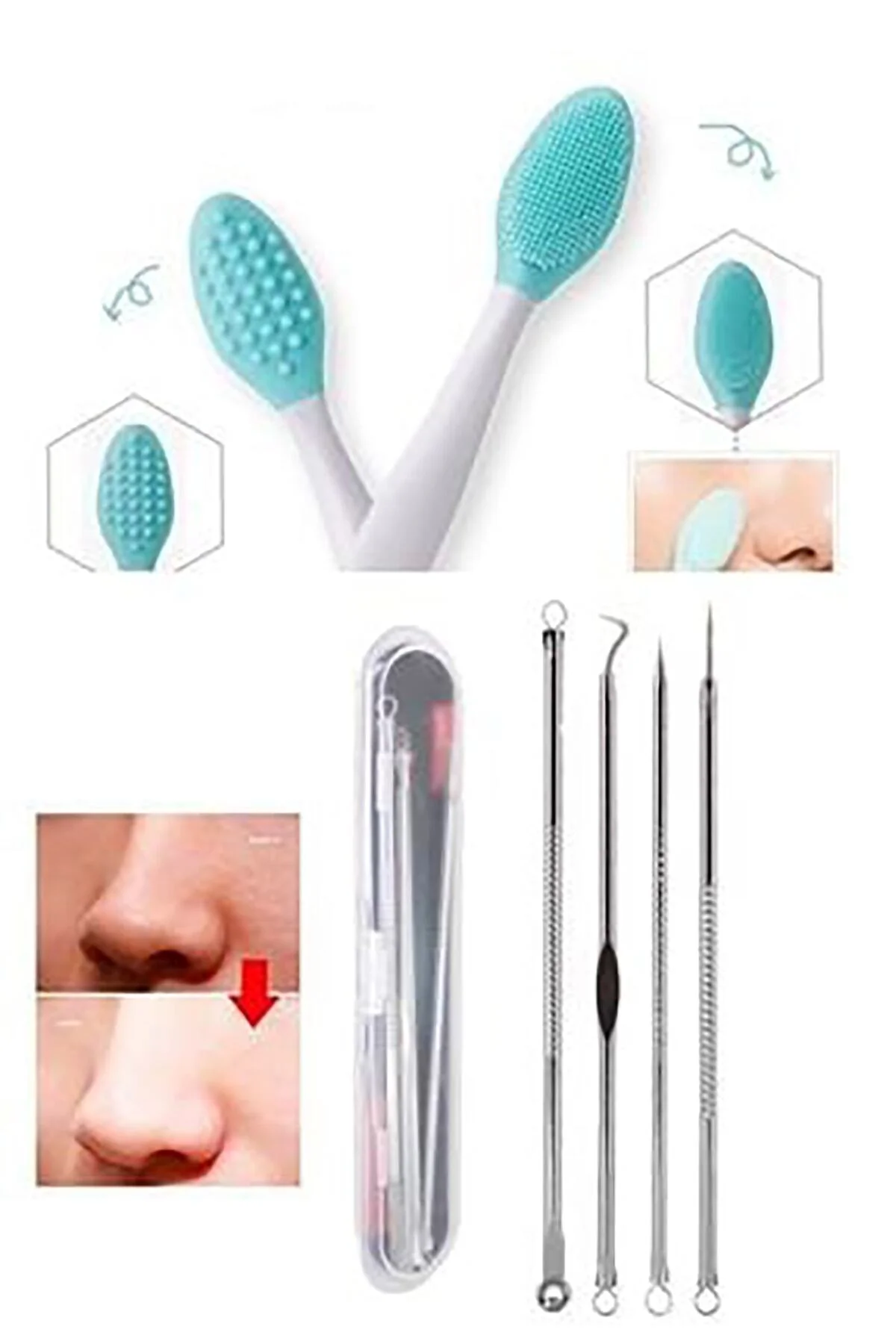 4 Parça Kutulu Paslanmaz Çelik Komedon + Siyah Nokta Temizleyici Dudak Peeling Fırçası 2'li Set