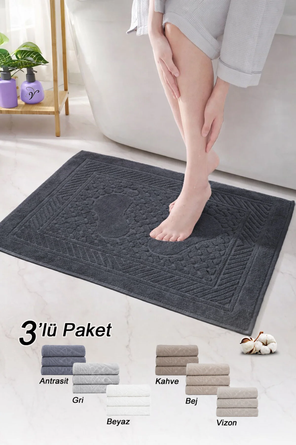 Pamuklu Ayak Havlusu | 3’lü Paket | Havlu Paspas Seti | Banyo Paspası | Otel Serisi | 50x70 cm