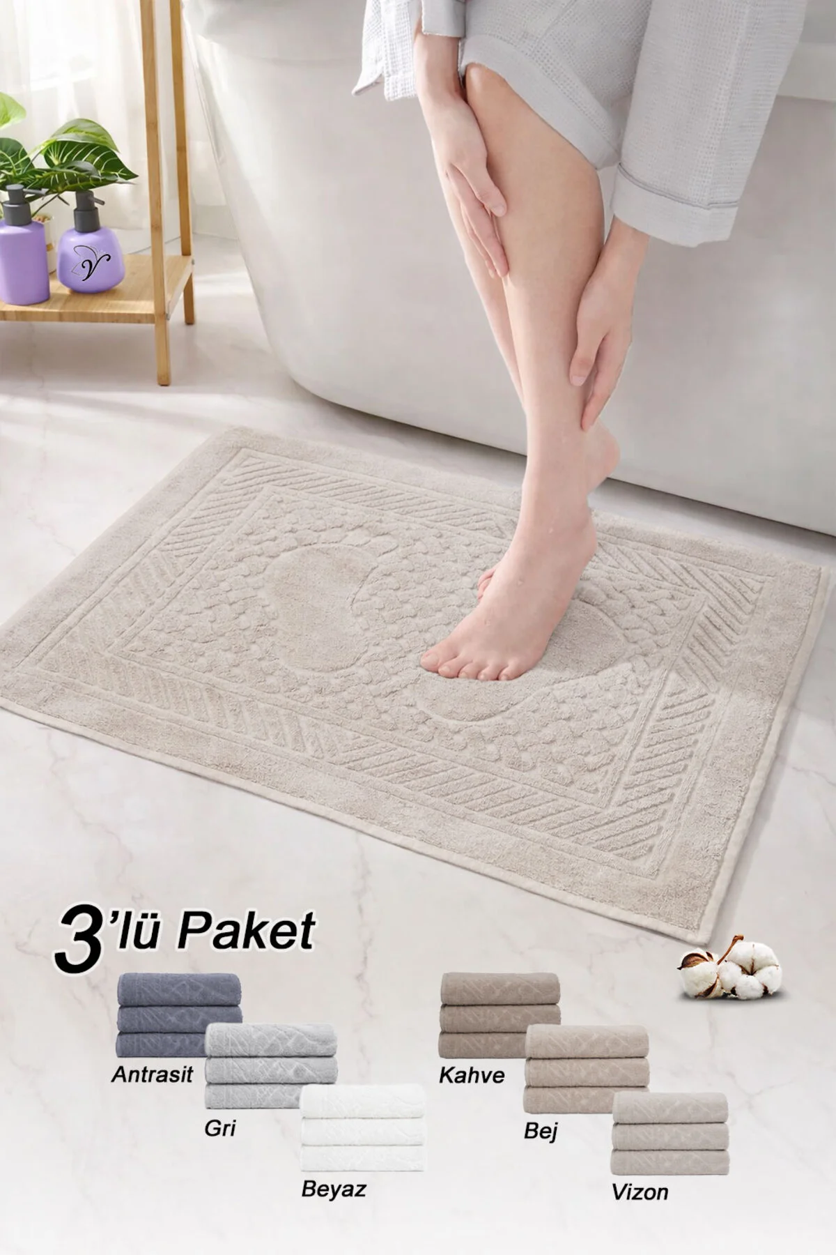 Pamuklu Ayak Havlusu | 3’lü Paket | Havlu Paspas Seti | Banyo Paspası | Otel Serisi | 50x70 cm