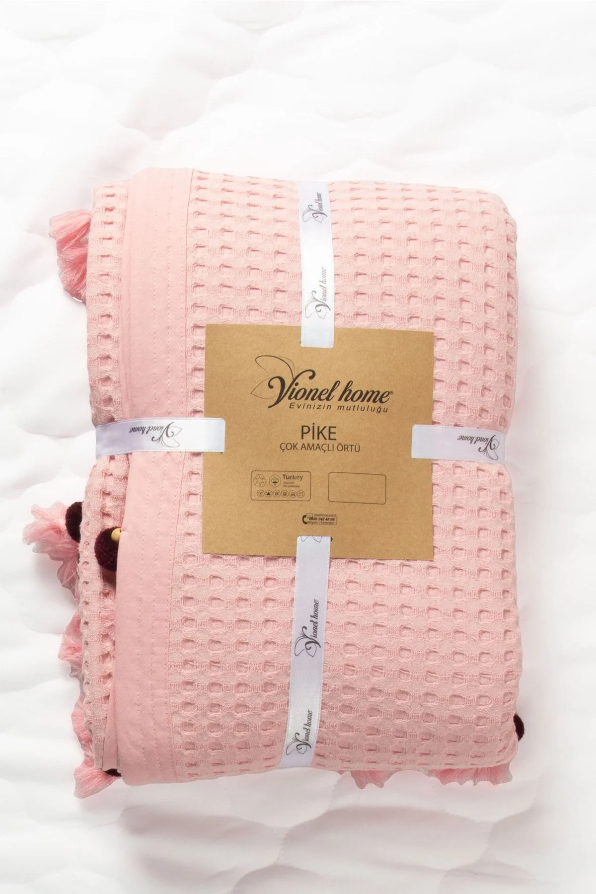 %100 Pamuklu Çift Kişilik Yatak Örtüsü Pike, Waffle Desen Ponponlu Pembe Pike - Vionel Home Görsel 5