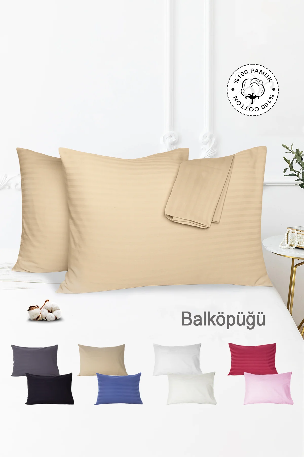 %100 Pamuk 2’li Çizgili Saten Yastık Kılıfı 50 x 70 Cm - Bal Köpüğü