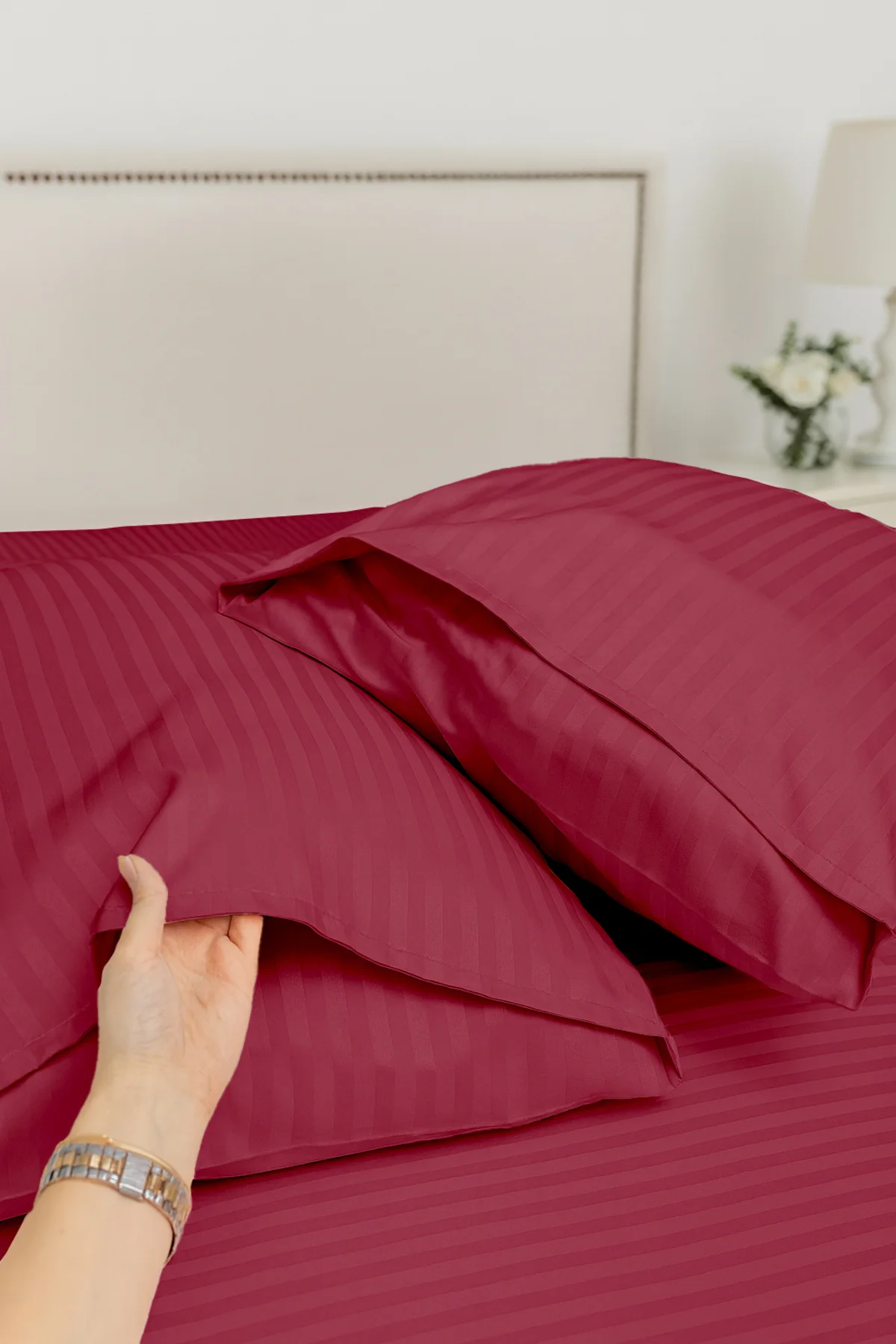 %100 Pamuk 2’li Çizgili Saten Yastık Kılıfı 50 X 70 Cm - Bordo - Vionel Home Görsel 2