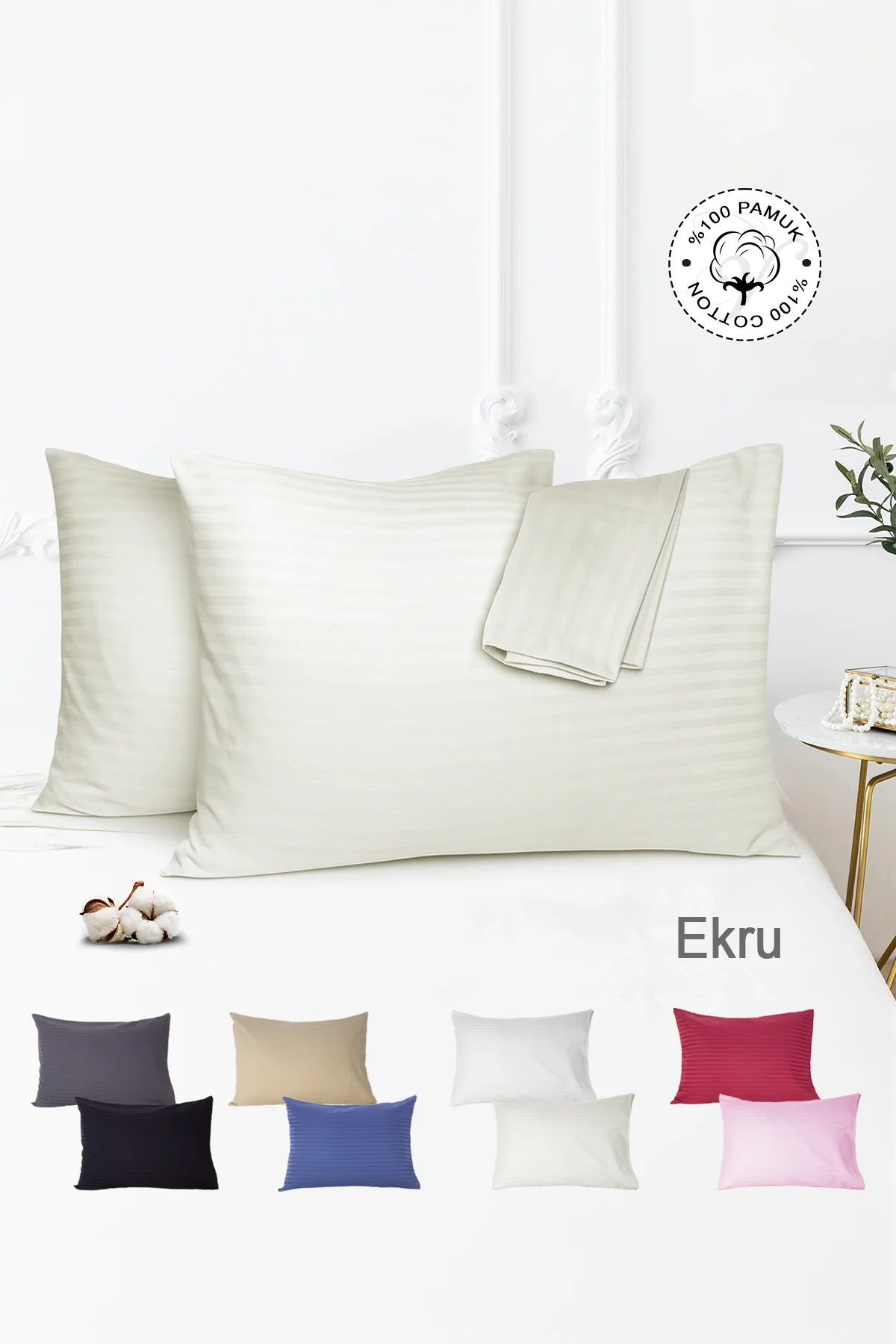 %100 Pamuk 2’li Çizgili Saten Yastık Kılıfı 50 x 70 cm - Ekru