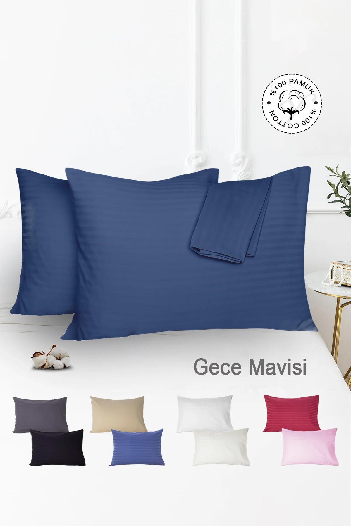 %100 Pamuk 2’li Çizgili Saten Yastık Kılıfı 50 X 70 Cm - Gece Mavisi