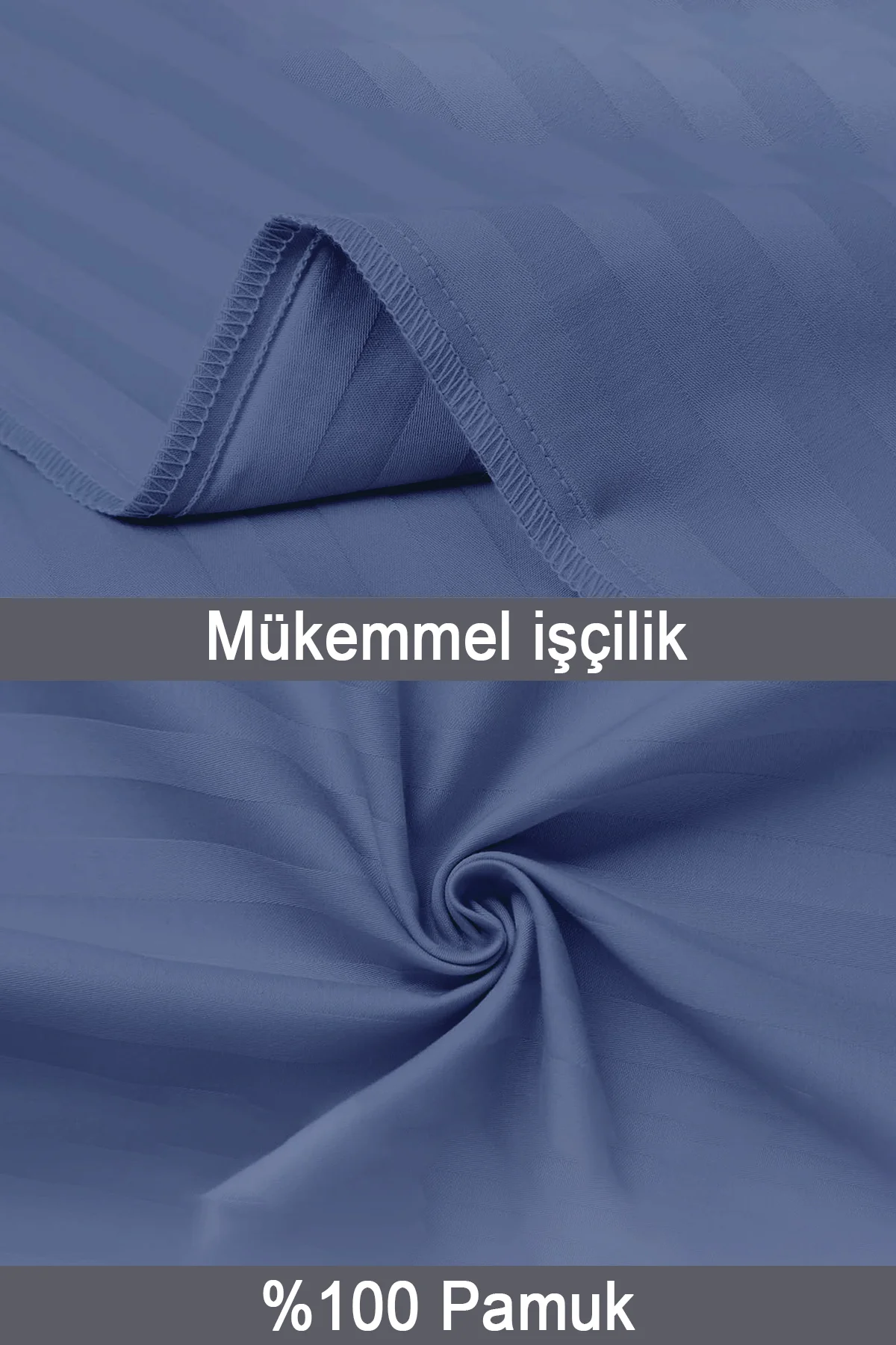 %100 Pamuk 2’li Çizgili Saten Yastık Kılıfı 50 X 70 Cm - Gece Mavisi - Vionel Home Görsel 4