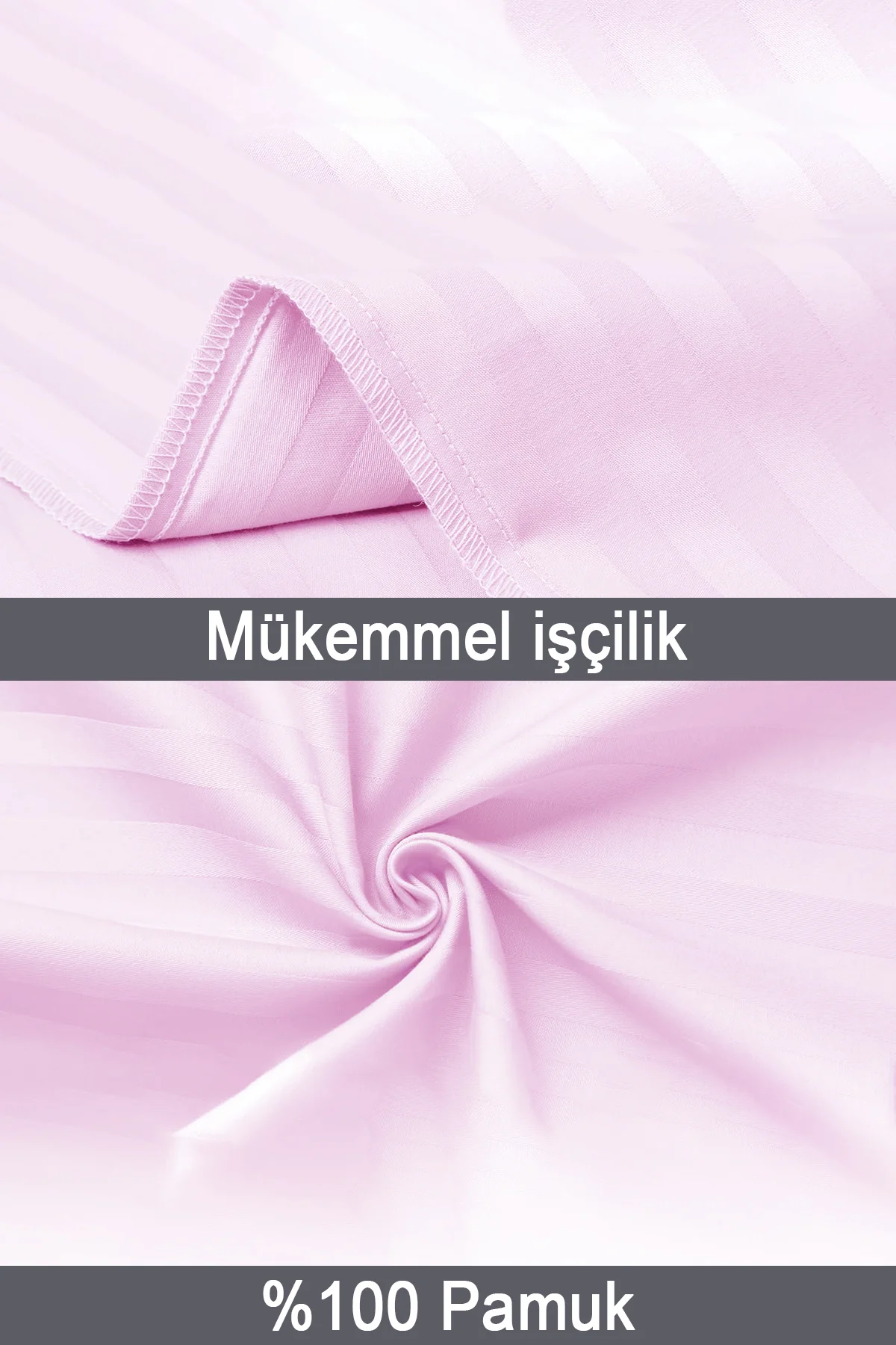 %100 Pamuk 2’li Çizgili Saten Yastık Kılıfı 50 x 70 cm - Pembe - Vionel Home Görsel 4
