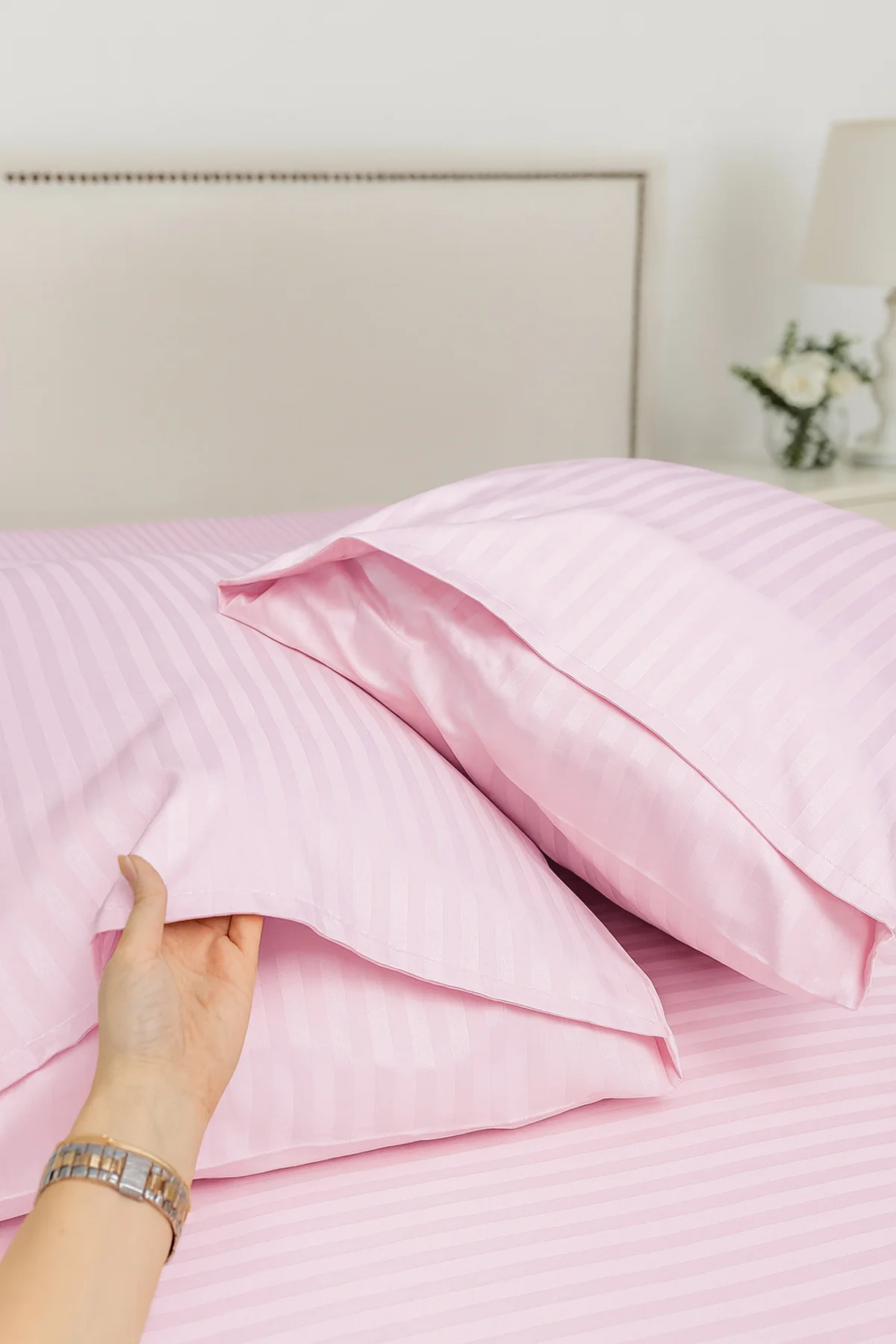 %100 Pamuk 2’li Çizgili Saten Yastık Kılıfı 50 x 70 cm - Pembe - Vionel Home Görsel 2