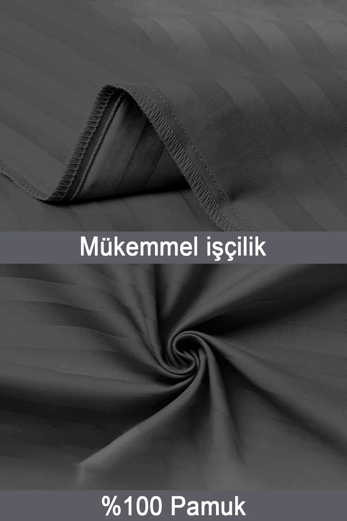 %100 Pamuk 2’li Çizgili Saten Yastık Kılıfı 50 x 70 cm - Siyah - Vionel Home Görsel 4