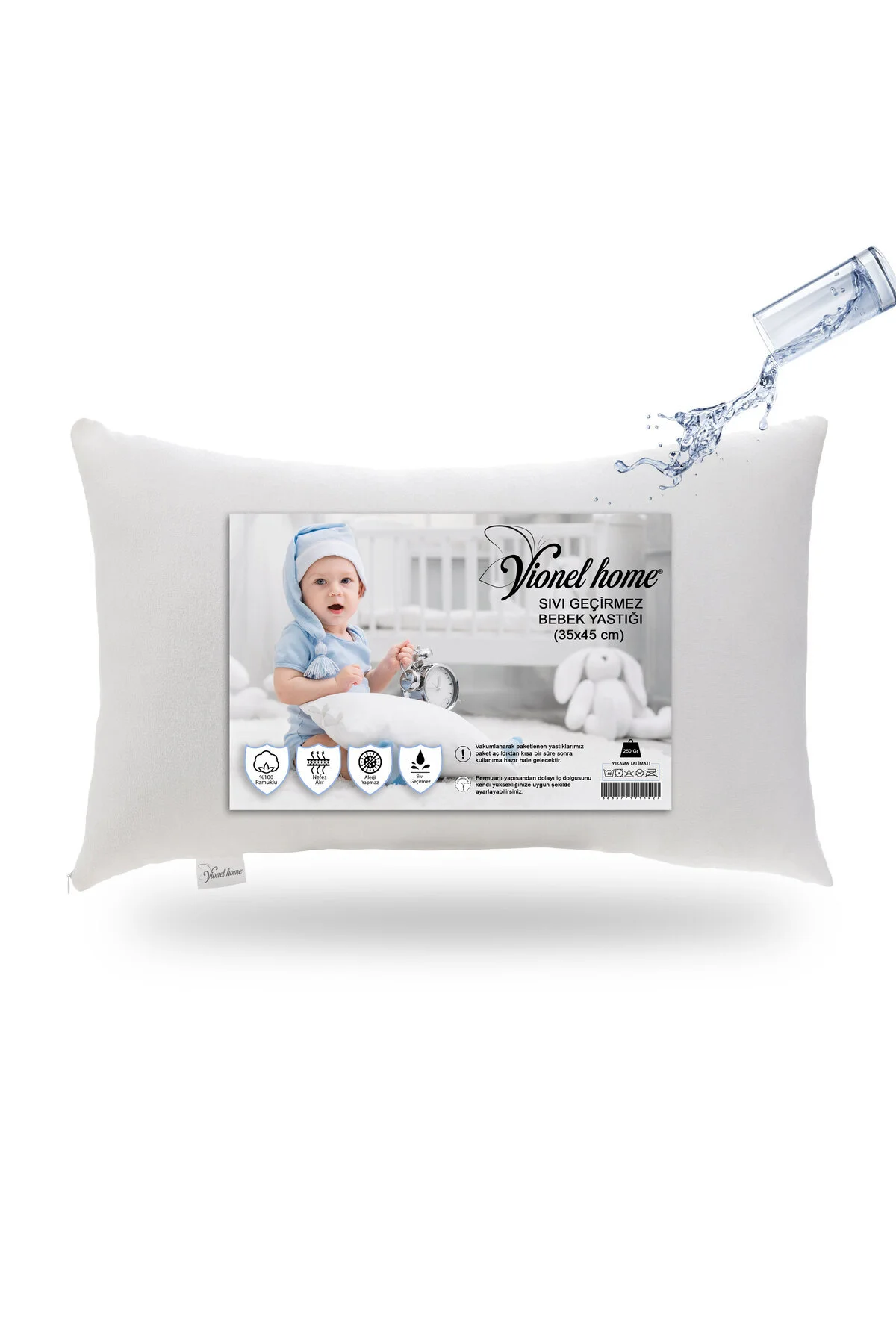 Sıvı Geçirmez Bebek Yastığı, Antialerjik Yastık , %100 Pamuklu, Boncuk Silikon 35x45 Cm