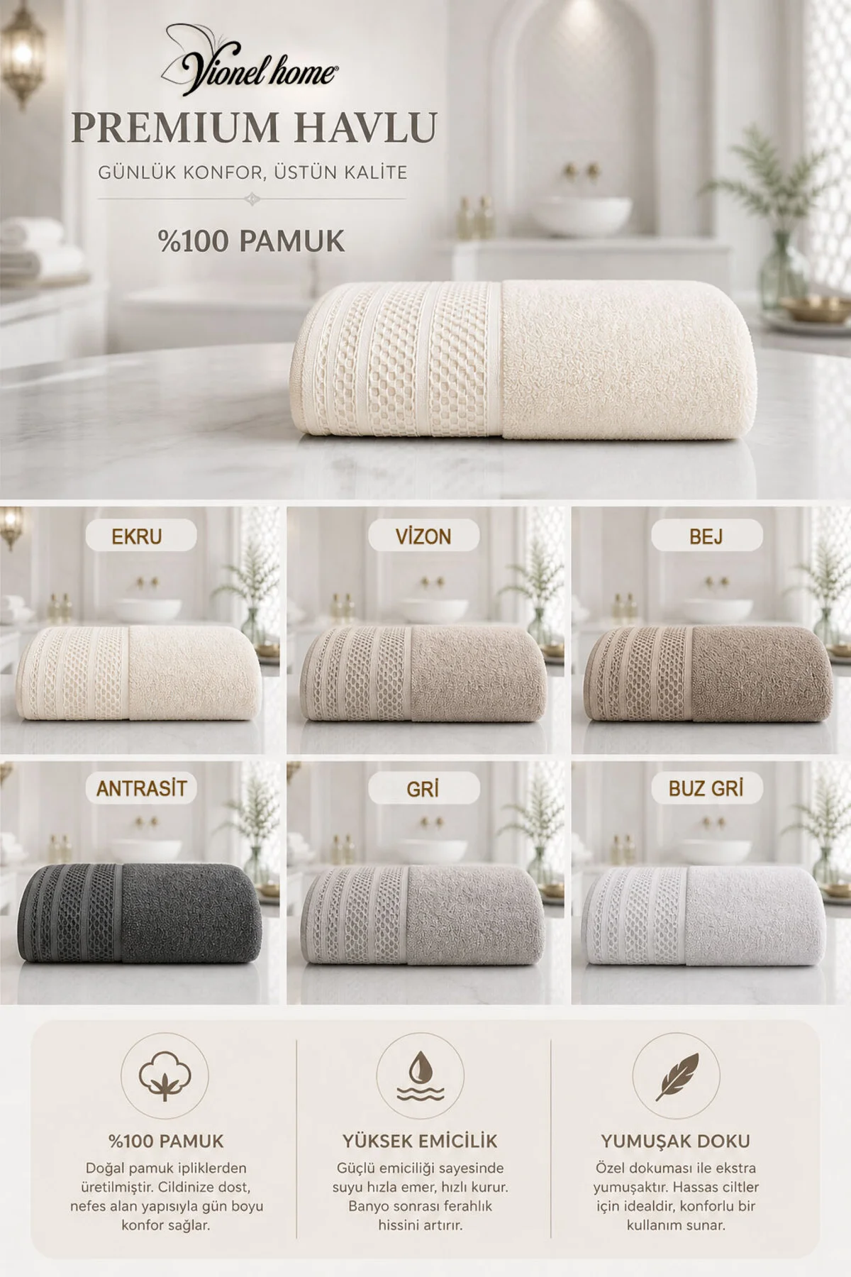 %100 Pamuk Softure Banyo Havlusu | Yüksek Emici | Yumuşak Dokulu | Premium Havlu | 100x140 cm - Vizo - Vionel Home Görsel 4