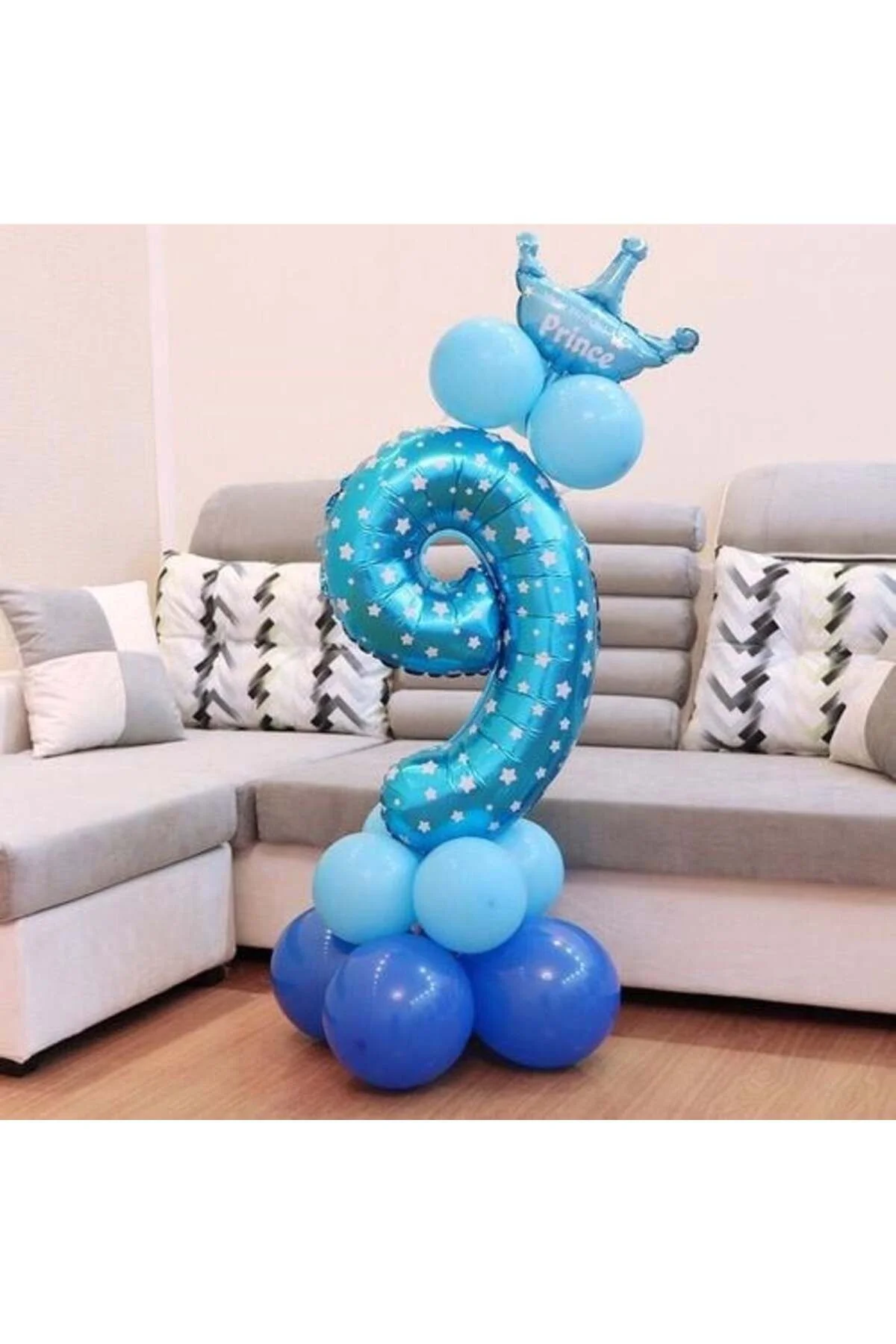 9 Rakam Mavi Yıldızlı Folyo Balon 100 Cm - Partioutlet Görsel 2