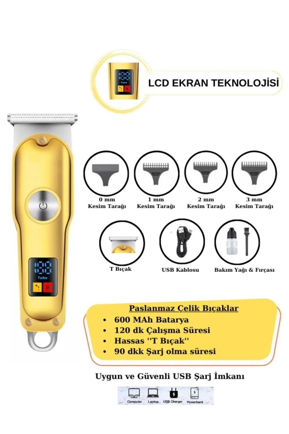 Led Göstergeli T Bıçak Metal Saç Sakal Ense Vücut Tıraş Makinesi Usb Girişli - pazariz Görsel 2