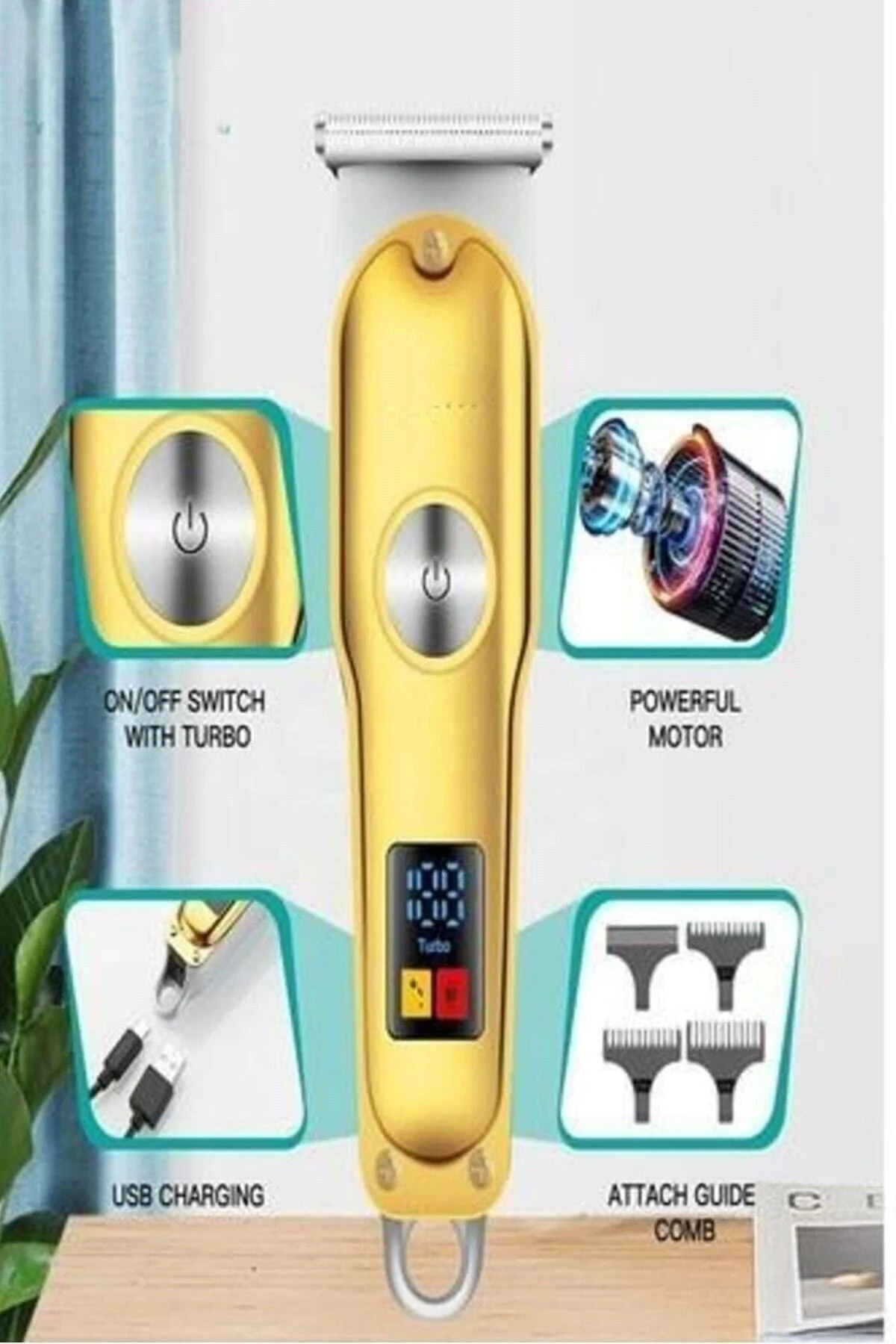 Led Göstergeli T Bıçak Metal Saç Sakal Ense Vücut Tıraş Makinesi Usb Girişli - pazariz Görsel 3