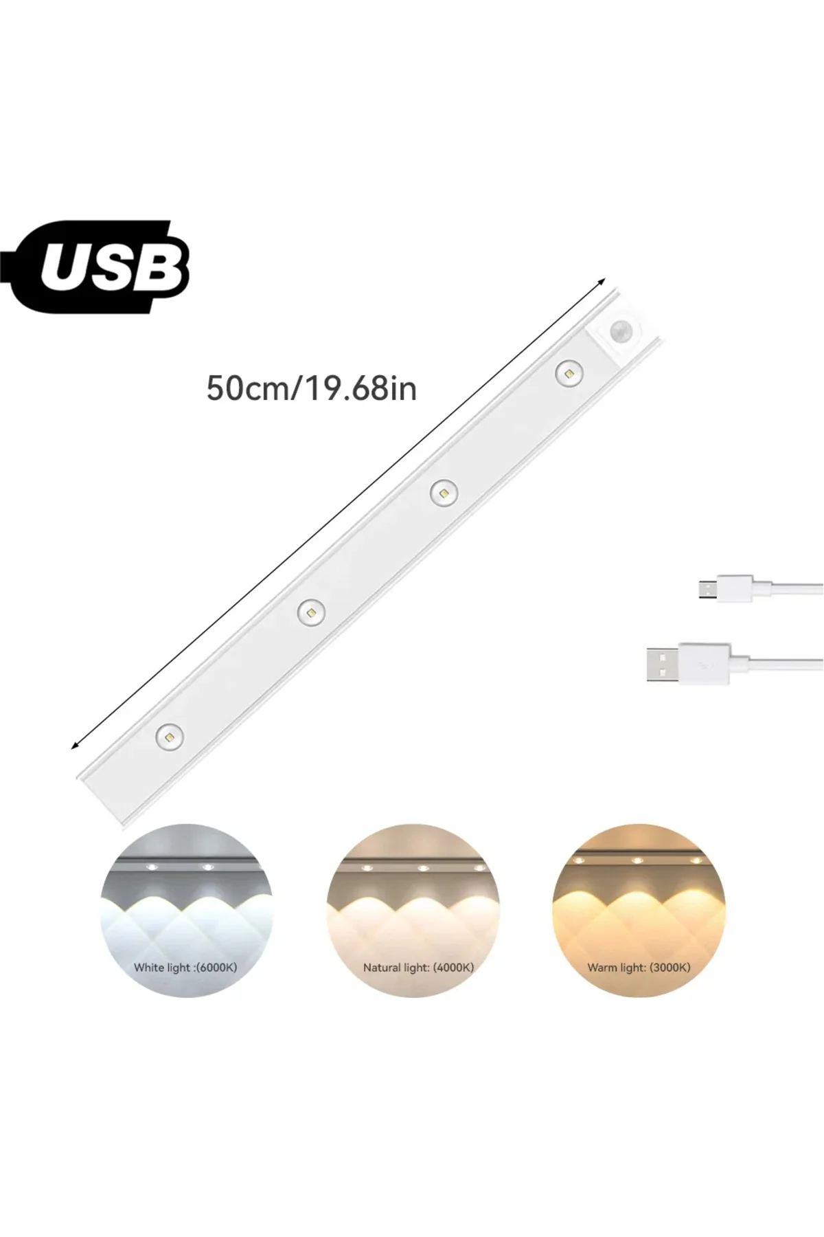 60 cm Hareket Sensörlü 3 Renk Işık Usb Şarj Mutfak, Dolap, Gece Lambası Slim Alüminyum Kasa - pazariz Görsel 4