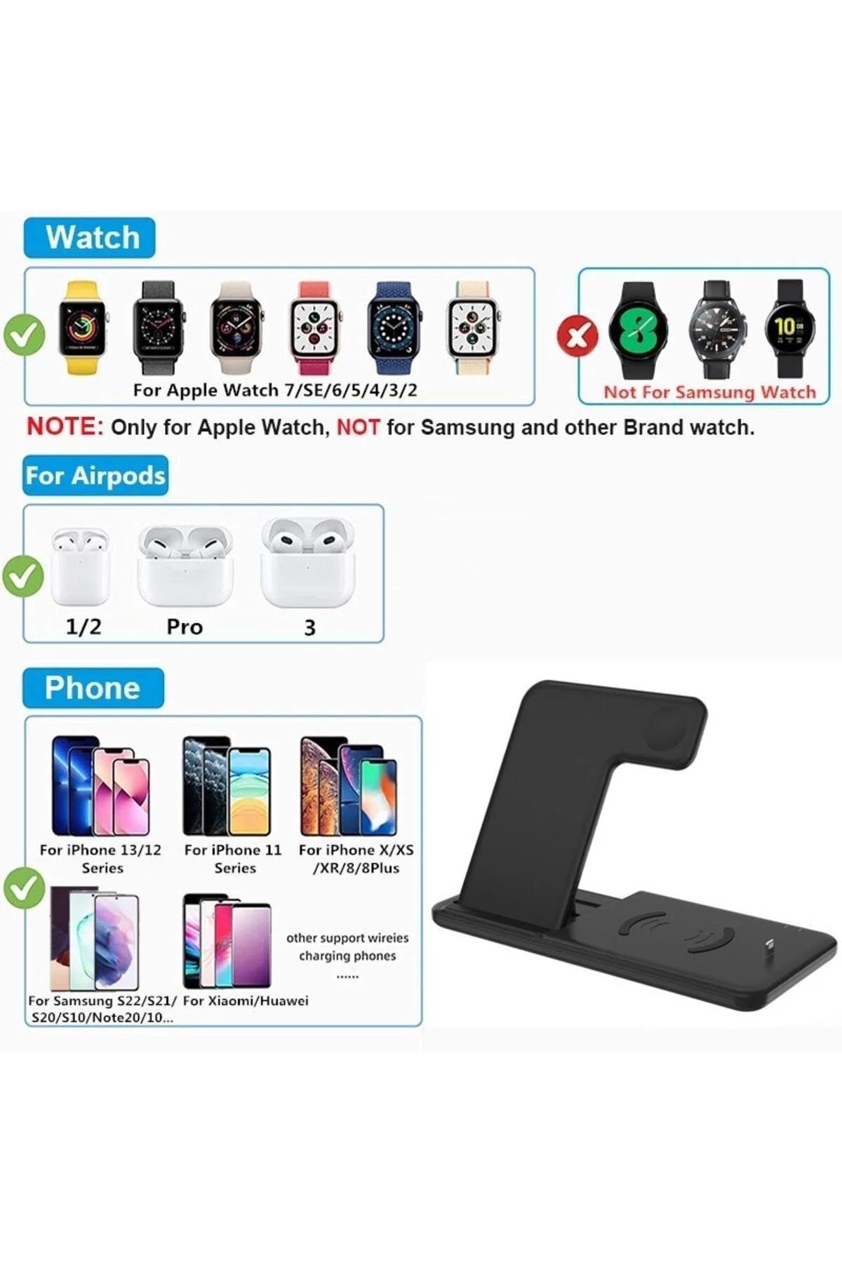 4 In1 Wireless Charger Kablosuz Şarj Istasyonu Standı 15 Watt Android Ve Ios Uyumlu Siyah - pazariz Görsel 8