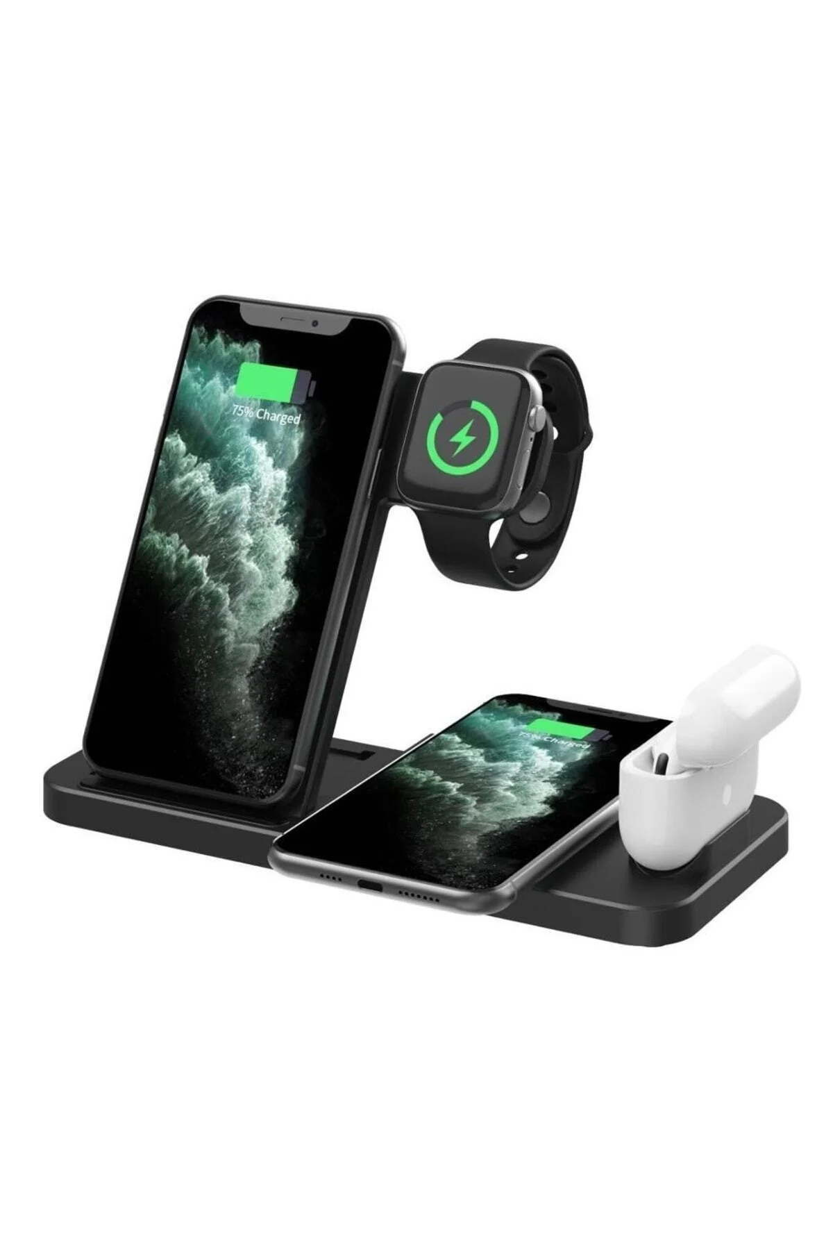 4 In1 Wireless Charger Kablosuz Şarj Istasyonu Standı 15 Watt Android Ve Ios Uyumlu Siyah - pazariz Görsel 3