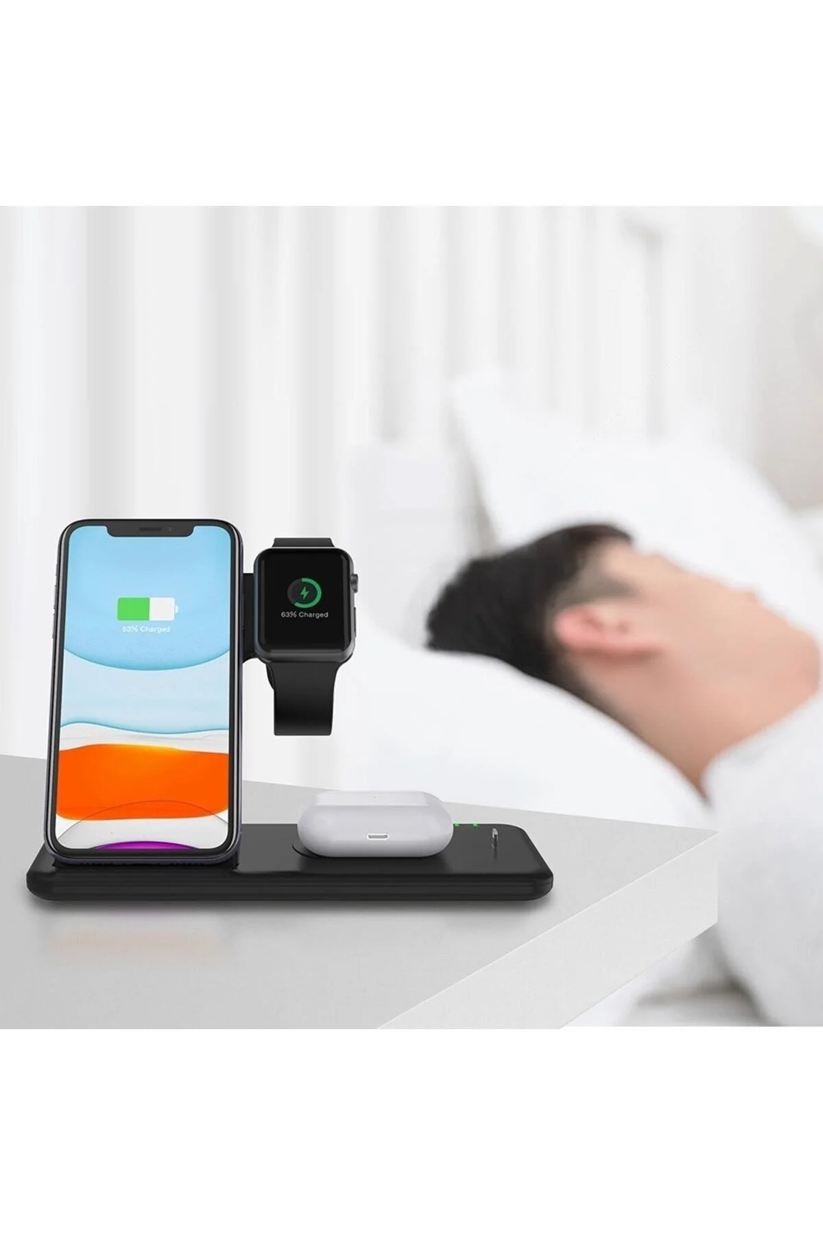 4 In1 Wireless Charger Kablosuz Şarj Istasyonu Standı 15 Watt Android Ve Ios Uyumlu Siyah - pazariz Görsel 5