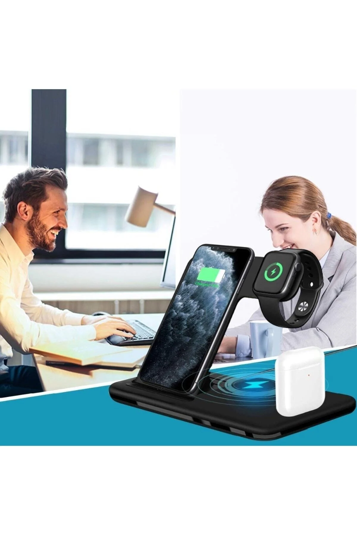 4 In1 Wireless Charger Kablosuz Şarj Istasyonu Standı 15 Watt Android Ve Ios Uyumlu Siyah - pazariz Görsel 4