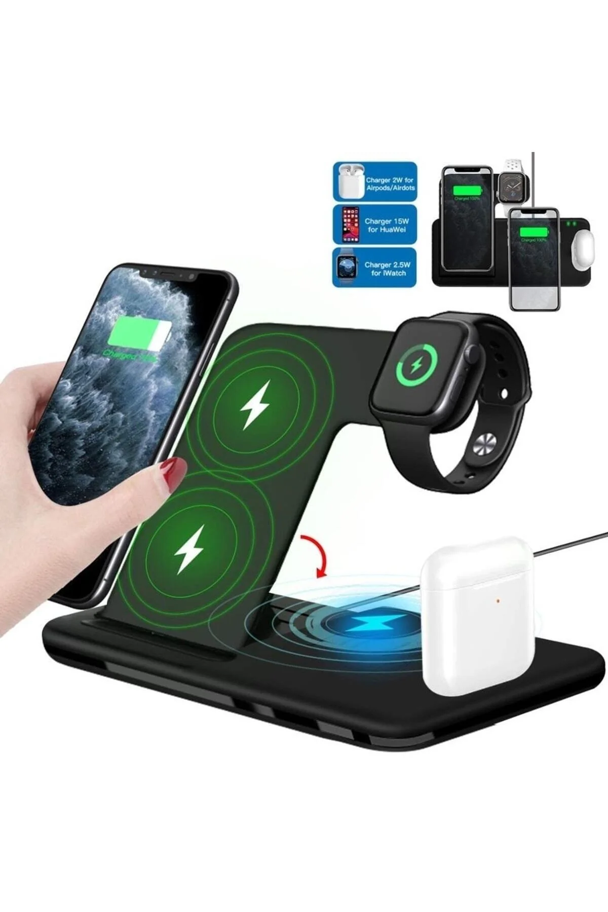 4 In1 Wireless Charger Kablosuz Şarj Istasyonu Standı 15 Watt Android Ve Ios Uyumlu Siyah - pazariz Görsel 6