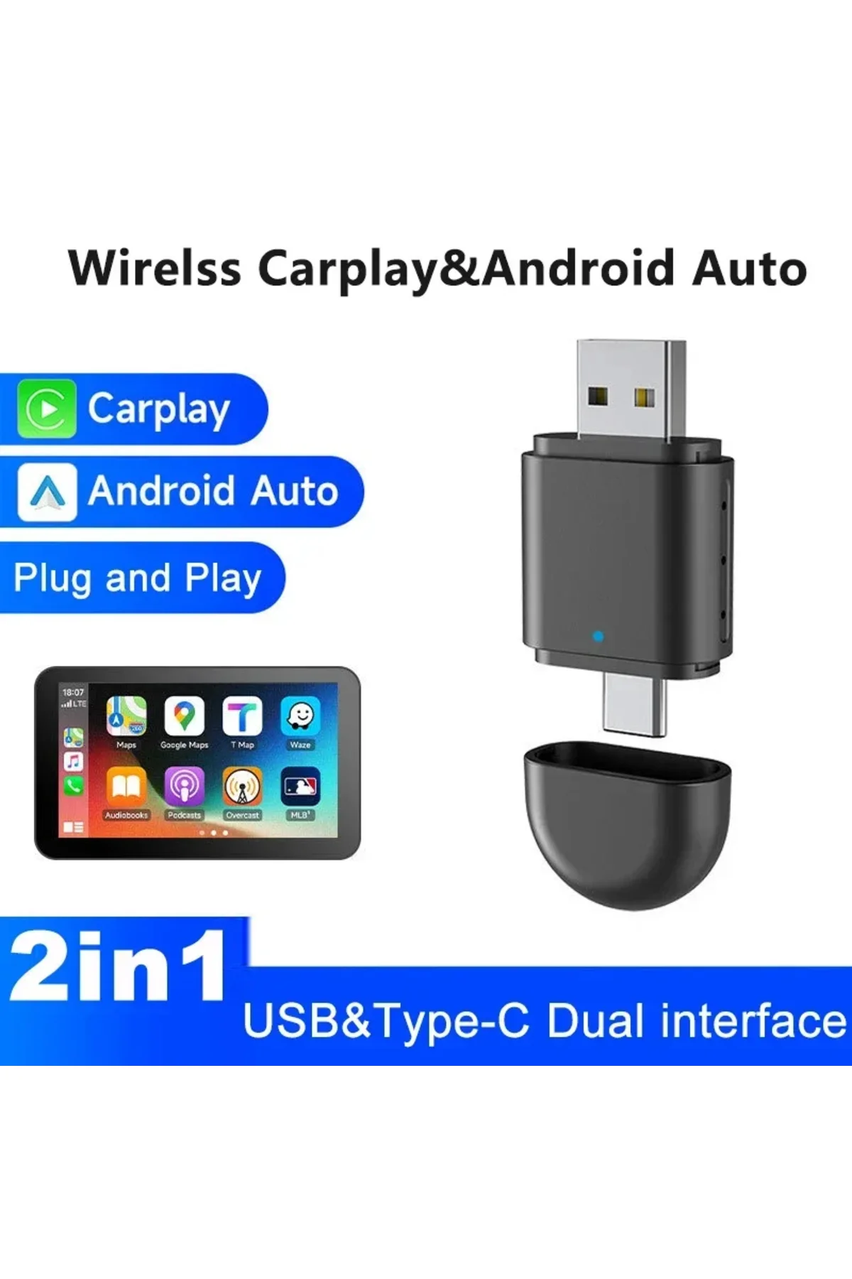 Mini Kablosuz Ios Android Uyumlu Carplay USB ve Type-C 2in1 Araç Multimedya Adaptörü - pazariz Görsel 7