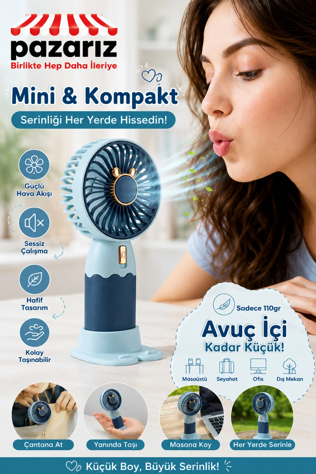Mini Taşınabilir Fan Ayrılabilir Telefon Tutucu Özellikli Stand Sevimli Tasarımı Küçük Vantilatör Us - pazariz Görsel 2