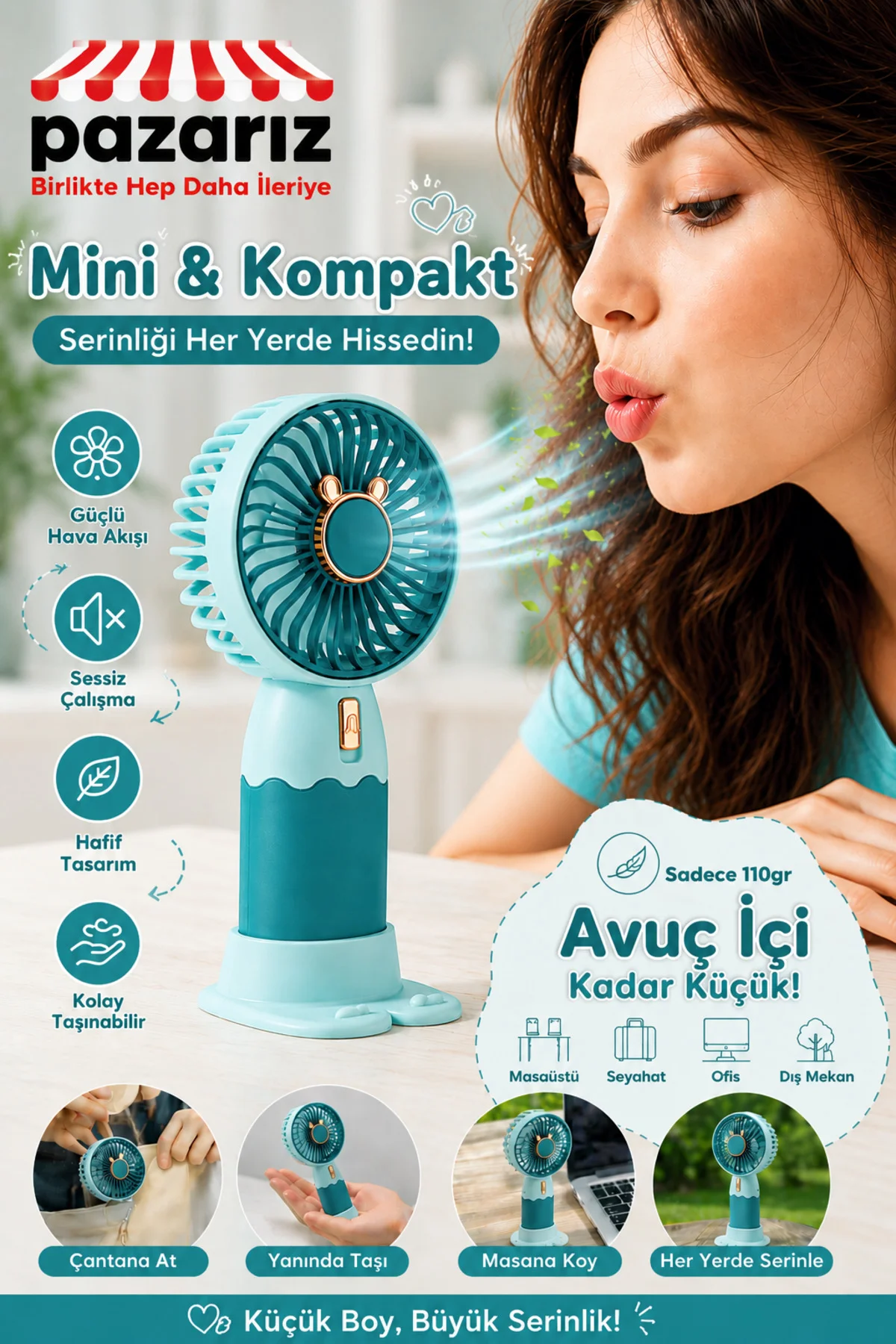 Mini Taşınabilir Fan Ayrılabilir Telefon Tutucu Özellikli Stand Sevimli Tasarımı Küçük Vantilatör Us