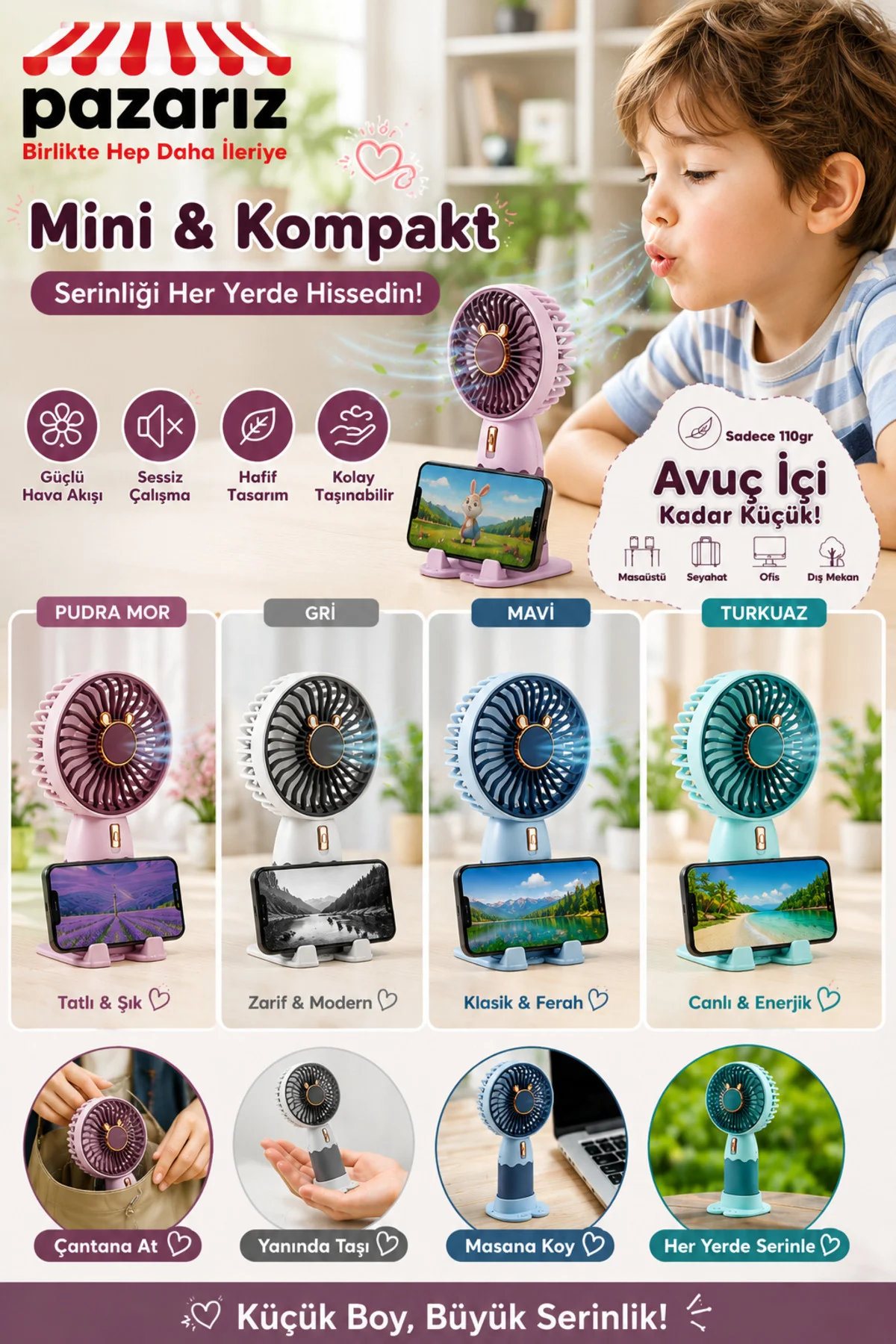 Mini Taşınabilir Fan Ayrılabilir Telefon Tutucu Özellikli Stand Sevimli Tasarımı Küçük Vantilatör Us - pazariz Görsel 5