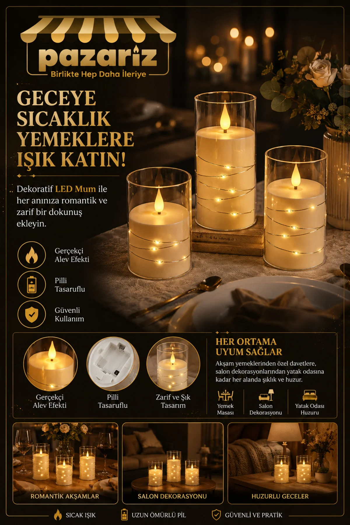 Peri Ledli 3'lü LED Mum Seti Dekoratif Pilli ve Romantik Mumlarla Evinize Işıltı Katın EriyenPilli M
