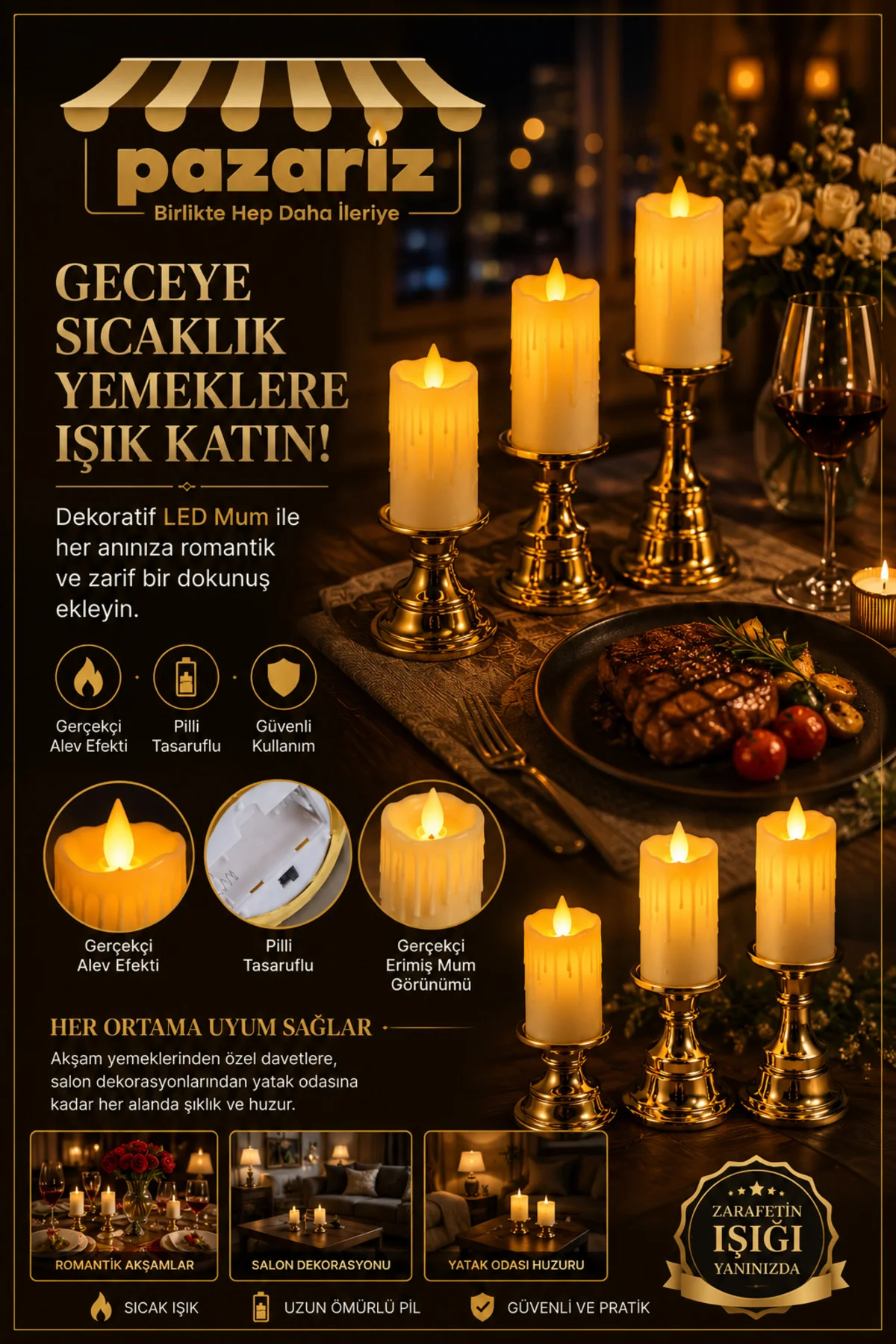 Şamdanlı 3'lü LED Mum Seti Dekoratif Pilli ve Romantik Mumlarla Evinize Işıltı Katın Gold Altın Renk