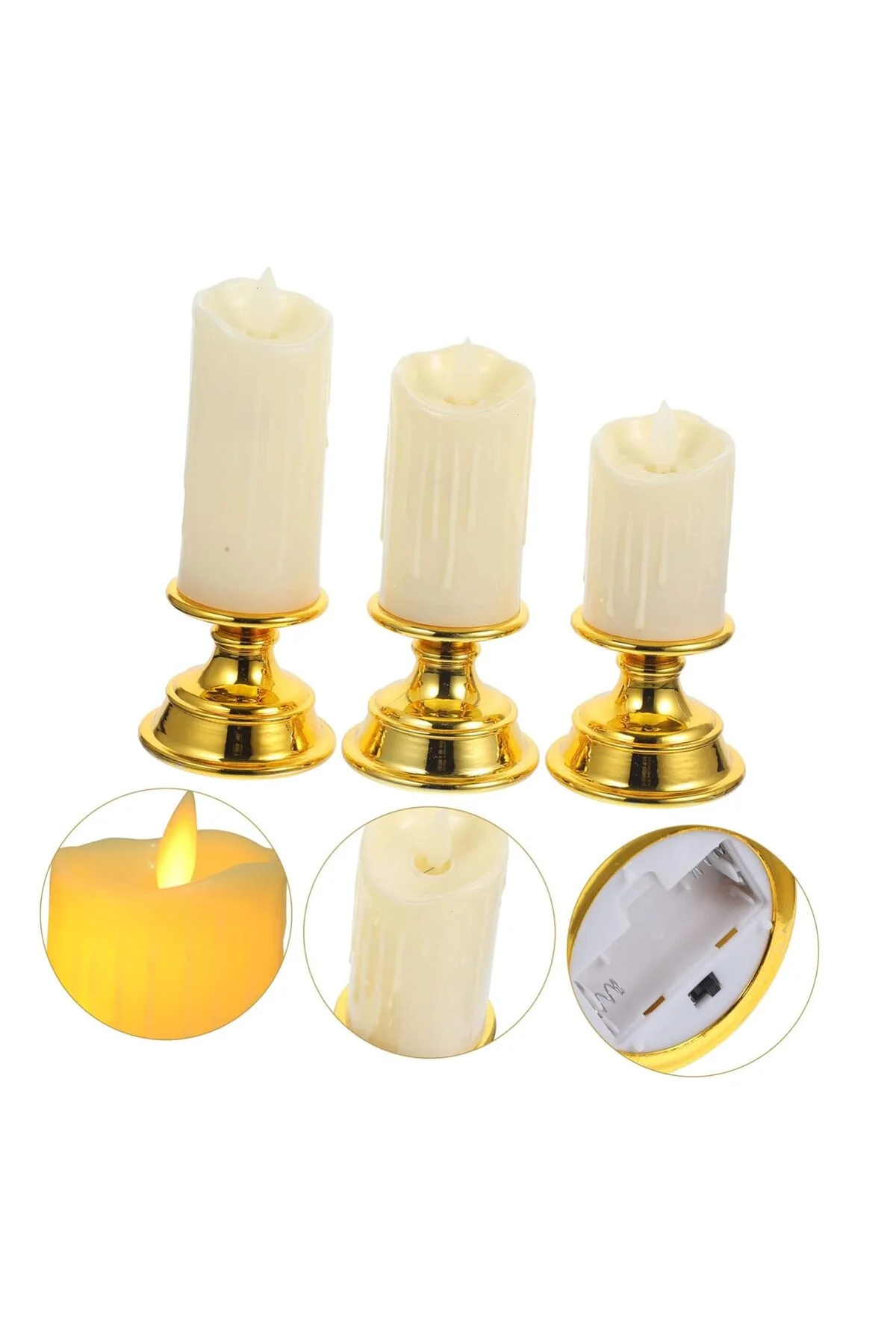 Şamdanlı 3'lü LED Mum Seti Dekoratif Pilli ve Romantik Mumlarla Evinize Işıltı Katın Gold Altın Renk - pazariz Görsel 4