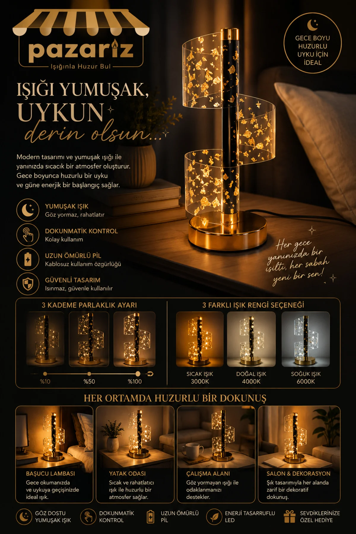 Kristal LED Gece Lambası 3D Altın tabanlı dokunmatik kontrollü şarjlı tasarım 3 renk modu ile yatak - pazariz Görsel 2