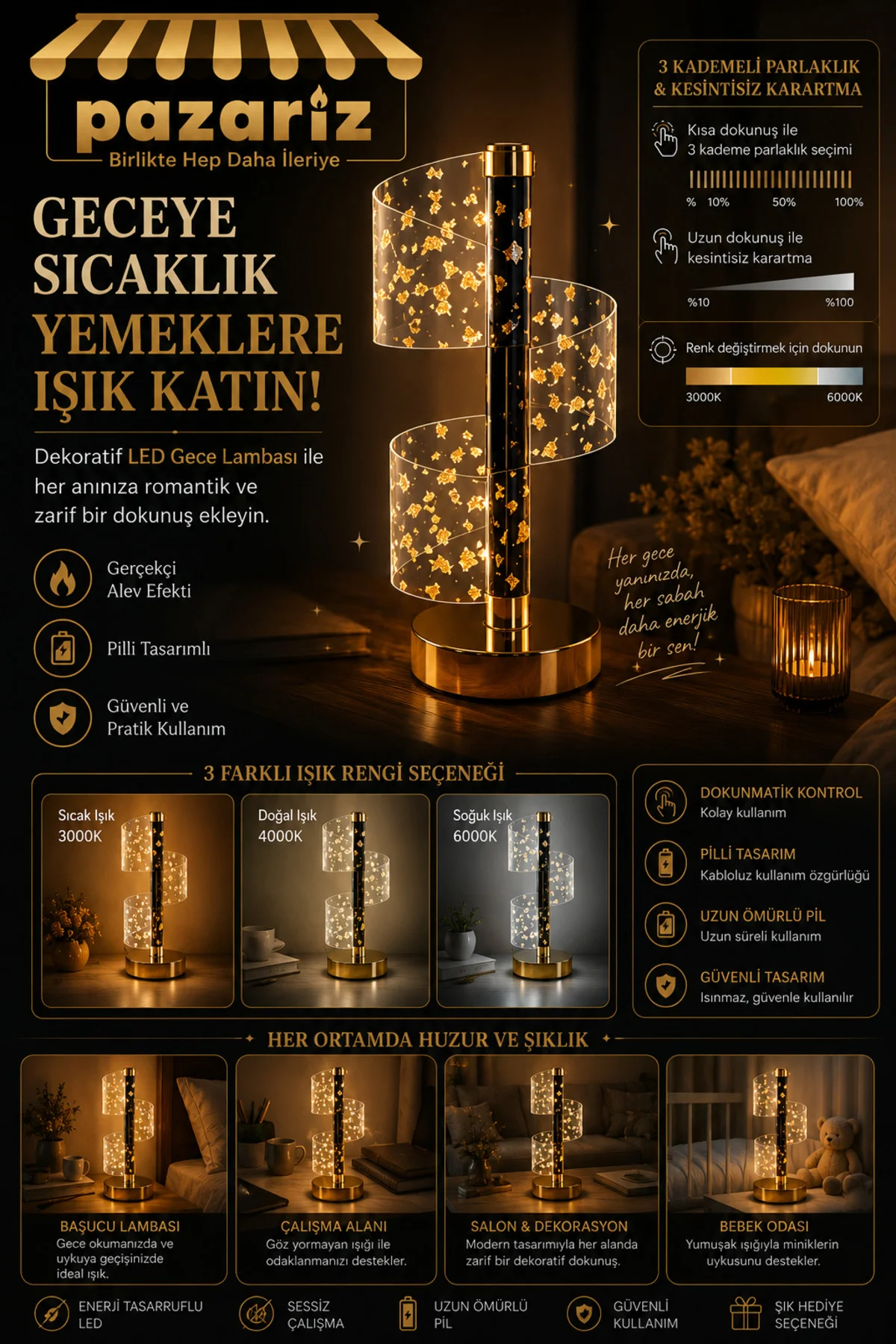 Kristal LED Gece Lambası 3D Altın tabanlı dokunmatik kontrollü şarjlı tasarım 3 renk modu ile yatak