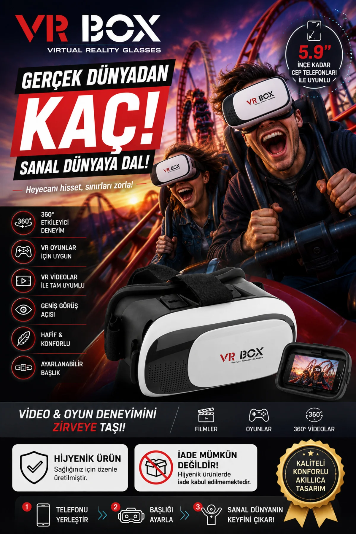 360 Derece Sanal Gerçeklik Gözlüğü Vr2 - VR BOX Görsel 2