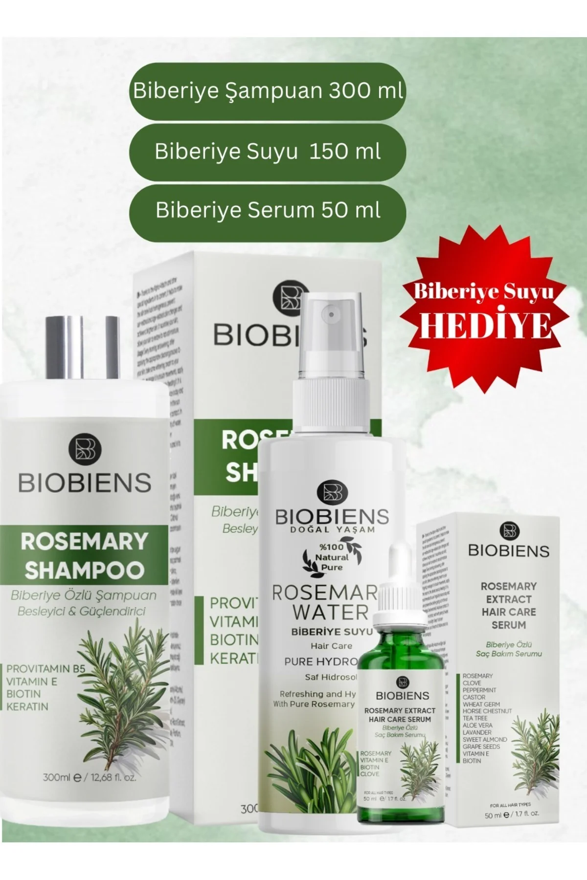 Saç Bakım Seti Biberiye Şampuanı 300 ml &amp; Biberiye Serumu 50 ml &amp; Biberiye Suyu 150 ml - Biobiens Görsel 2