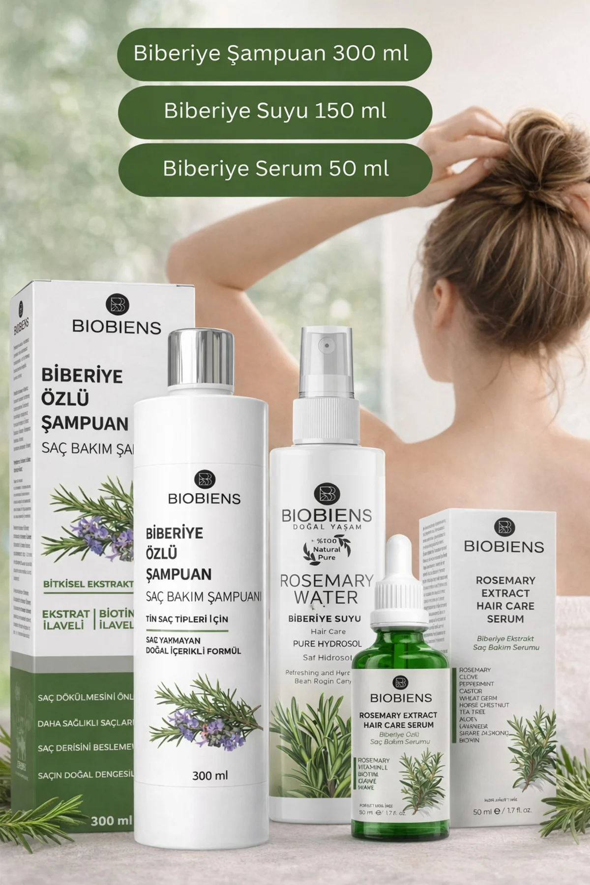 Saç Bakım Seti Biberiye Şampuanı 300 ml &amp; Biberiye Serumu 50 ml &amp; Biberiye Suyu 150 ml